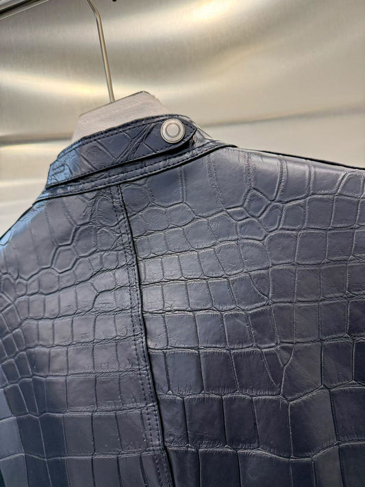 Handmade Genuine Alligator Leather Jacket, Navy Exotic Texture