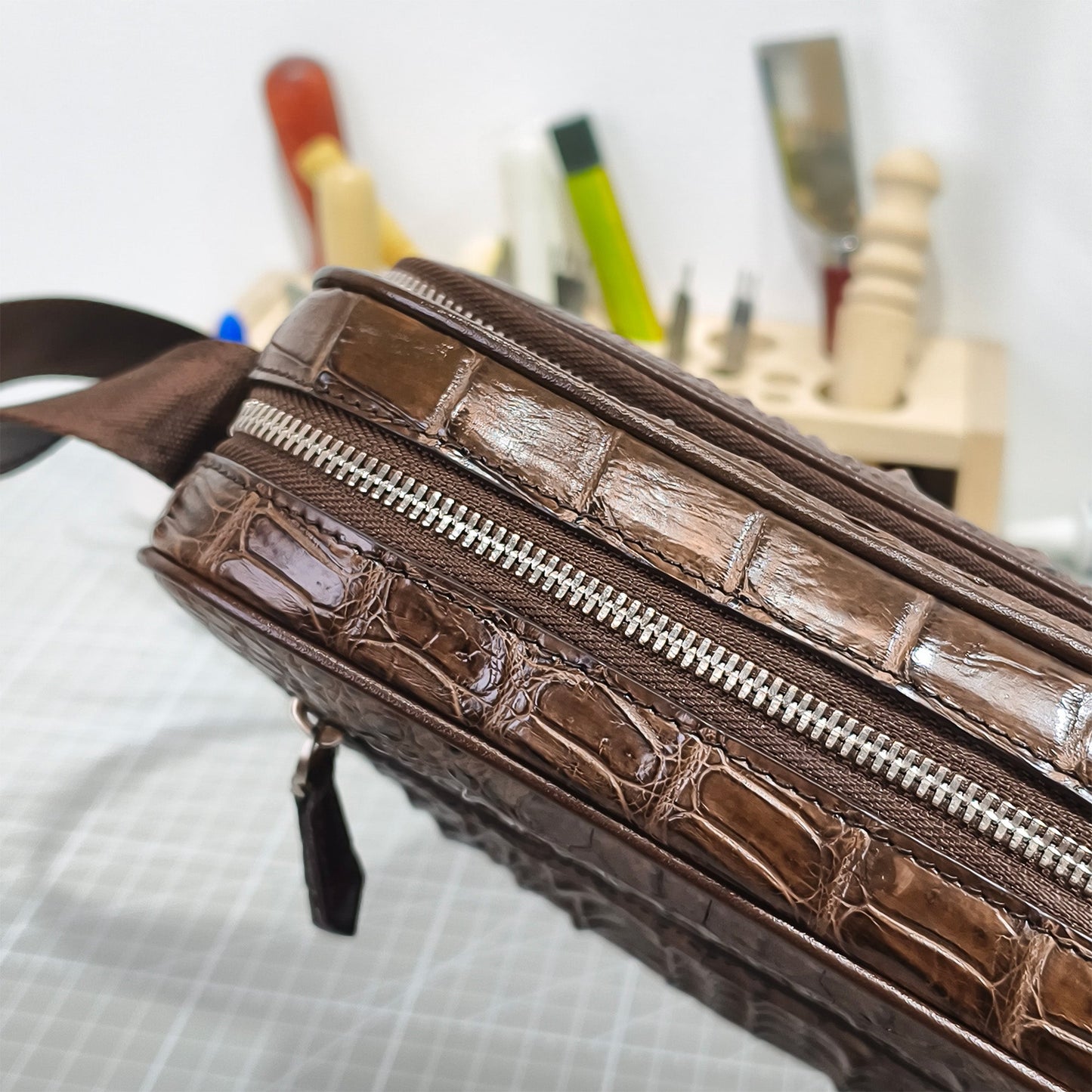 Handmade Genuine Alligator Leather Crossbody Bag, Rich Brown with Signature Scale Detail