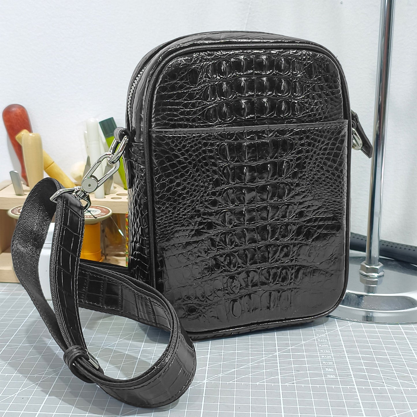 Handmade Genuine Alligator Bone Leather Crossbody Bag, Glossy Black with Distinctive Scale Texture