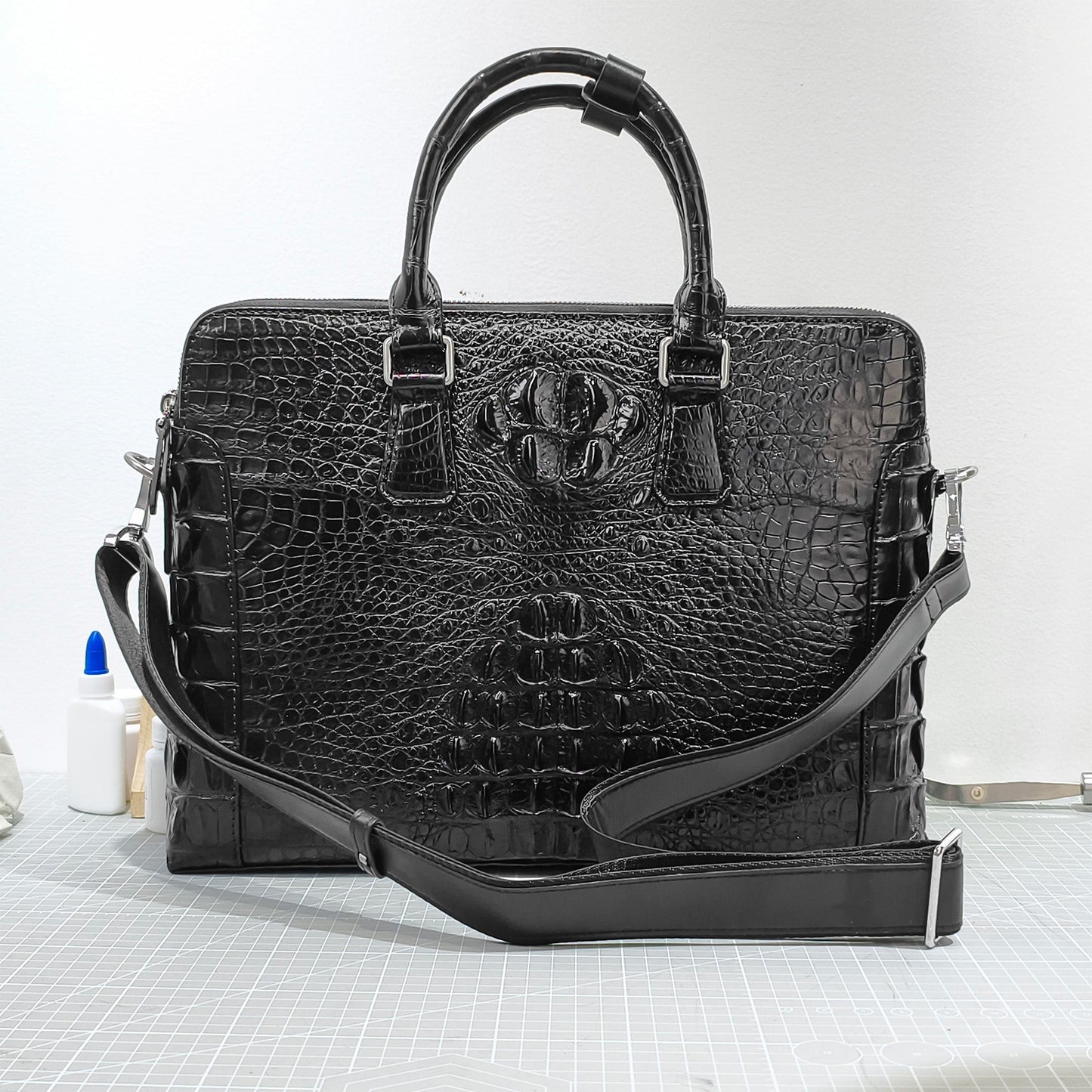 Handmade Genuine Alligator Leather Briefcase, Glossy Black with Versatile Business Design