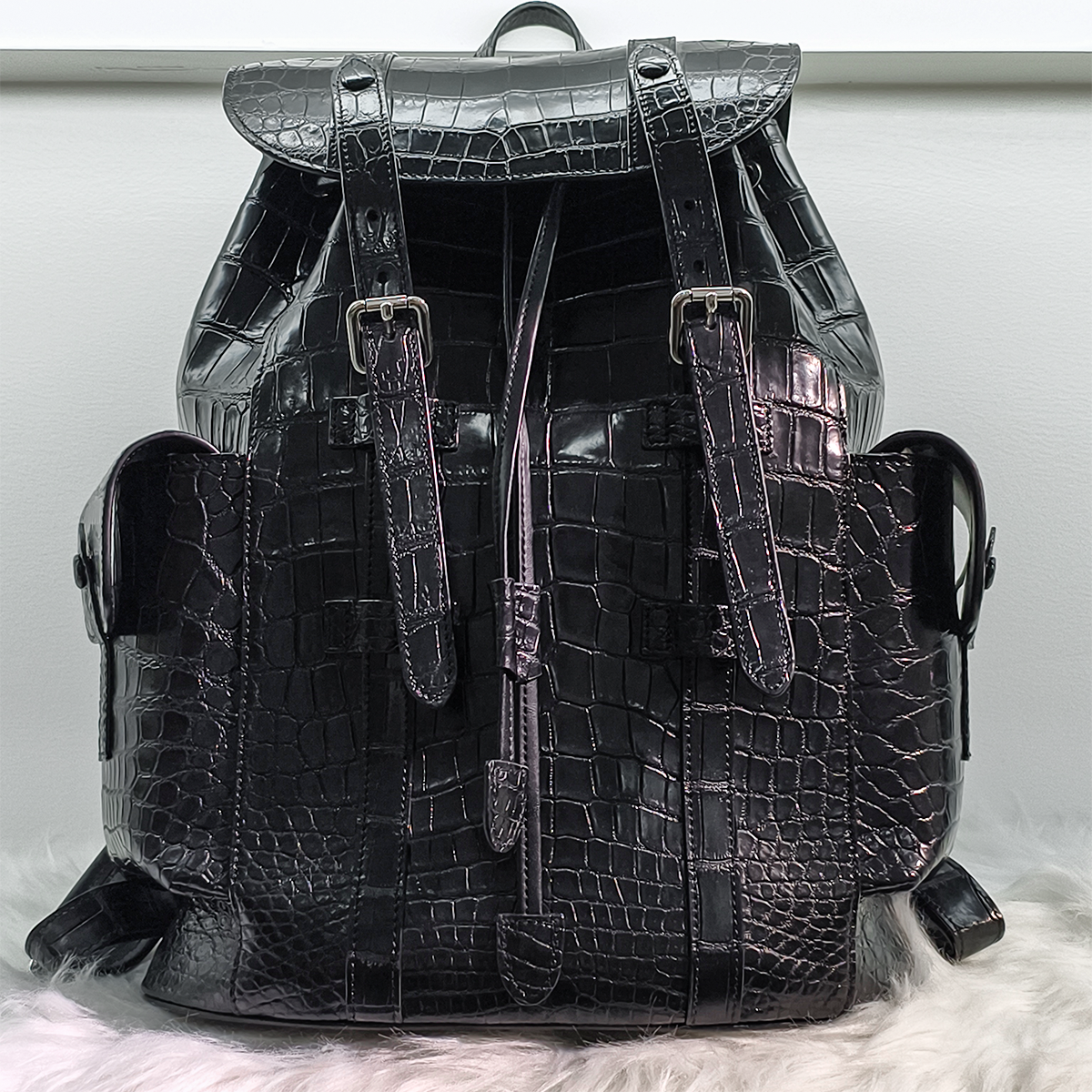 Handmade Genuine Alligator Leather Backpack, Glossy Black with Drawstring Closure