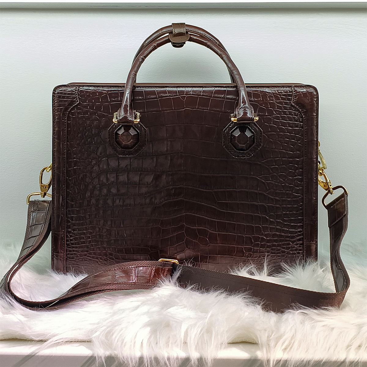 Handmade Genuine Alligator Leather Briefcase, Glossy Dark Brown with Gold Hardware & Dual-Carry Design