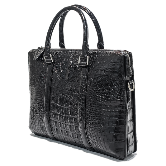Handmade Genuine Alligator Leather Briefcase, Glossy Black with Silver Hardware & Spacious Business Structure
