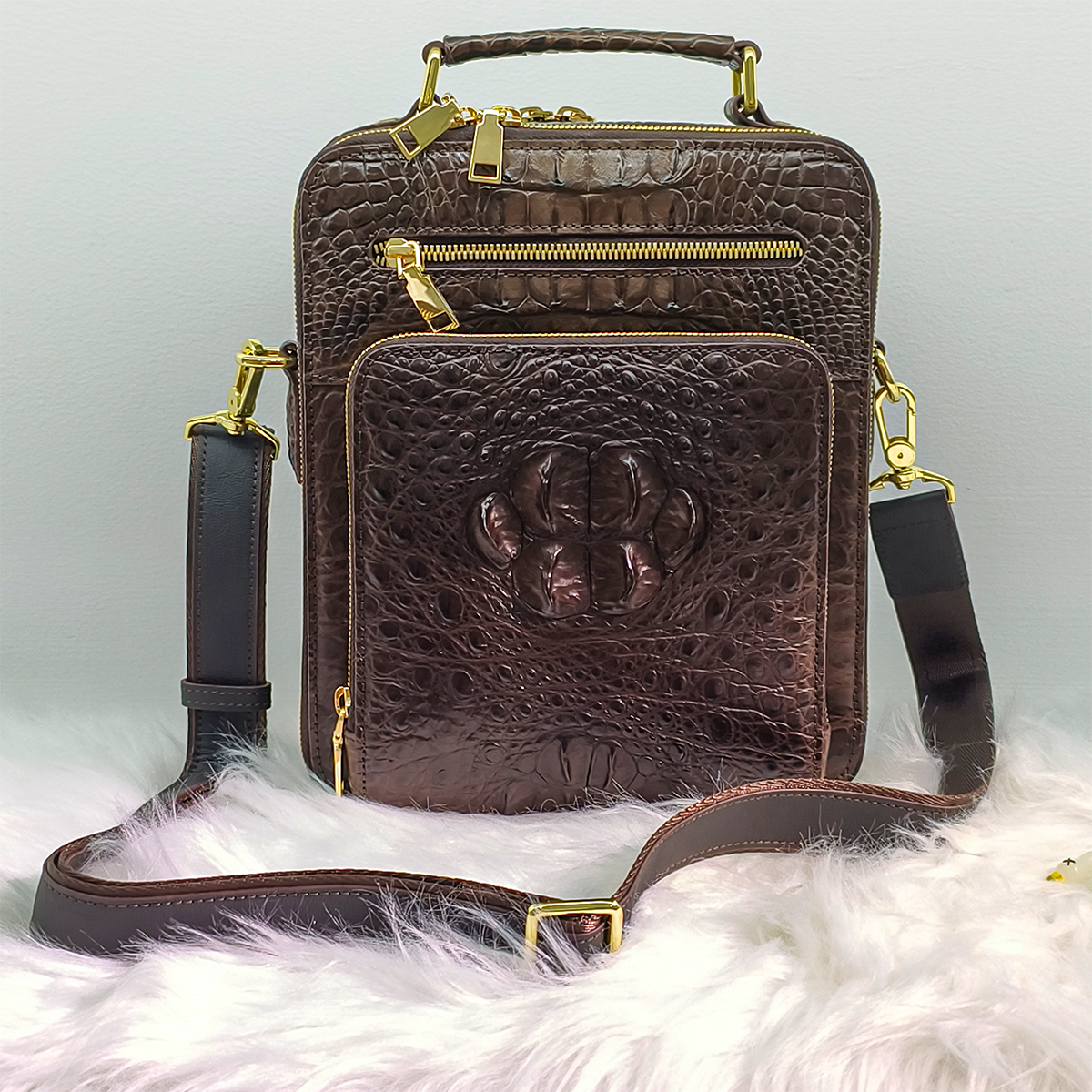 Handmade Genuine Alligator Leather Bag, Rich Brown with Gold-Tone Hardware & Dual-Zip Pocket Structure