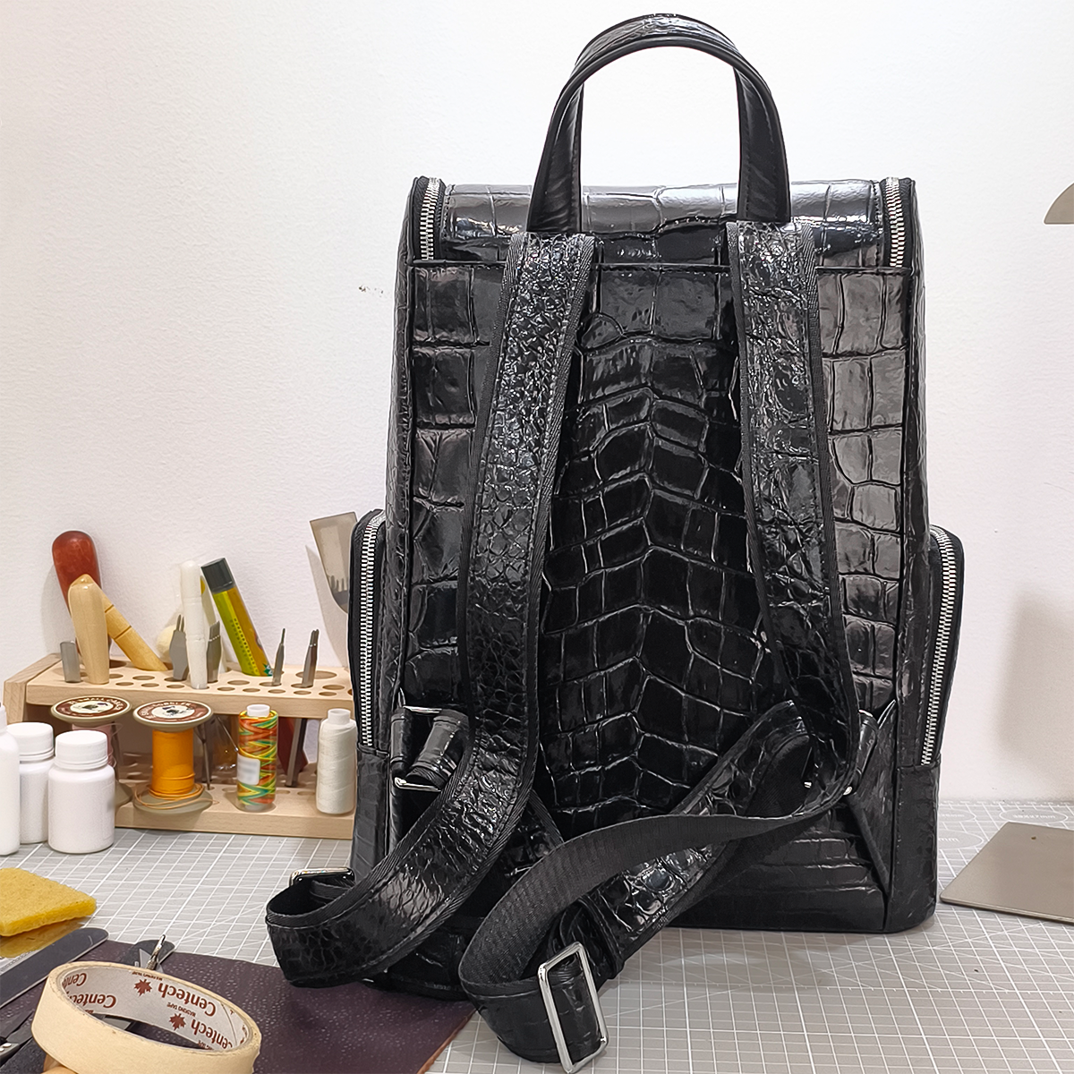 Handmade Genuine Alligator Belly Leather Backpack, Glossy Black with Silver-Tone Hardware & Multi-Zip Pocket Design