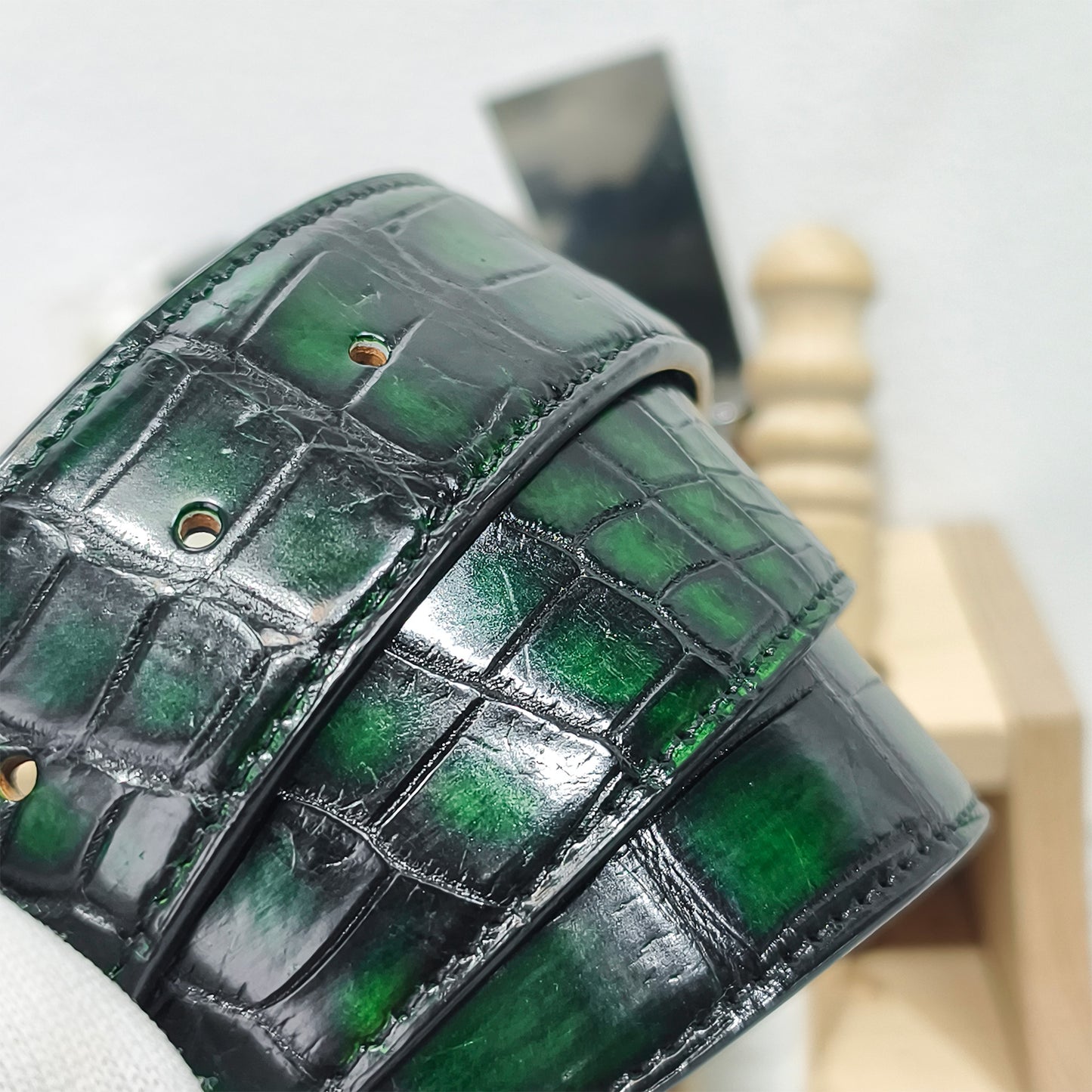 Handmade Genuine Alligator Belly Leather Pin Buckle Belt, Black & Emerald Green High-Gloss Texture