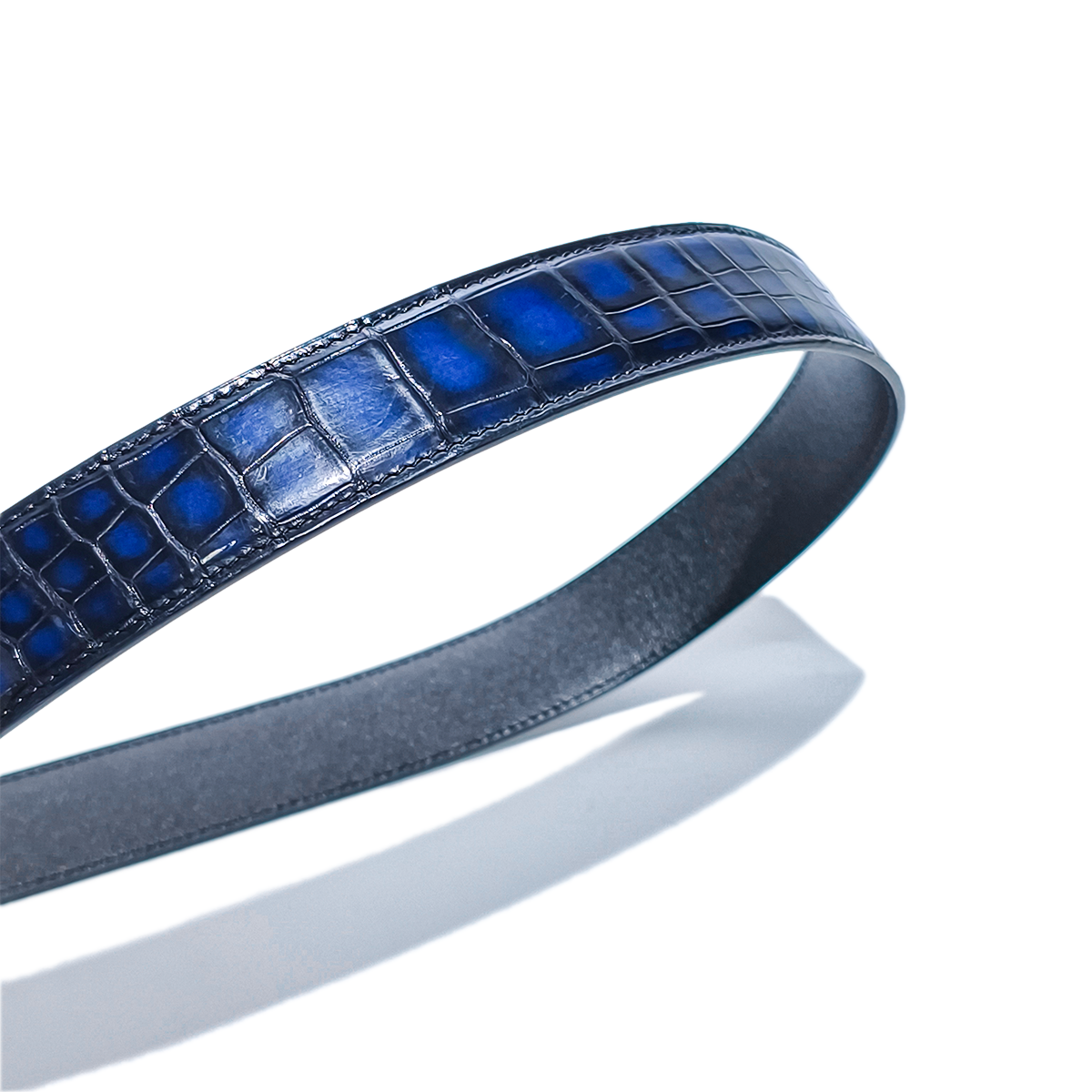 Handmade Genuine Alligator Leather Belt, Blue-Black Gradient Glossy Texture Fit for Prong Buckle