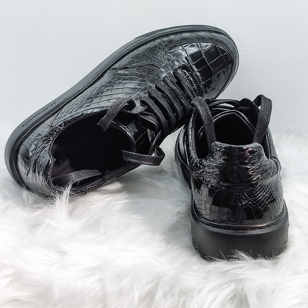 Handmade Genuine Alligator Belly Leather Low-Top Sneakers, Glossy Black Chunky Sole Design
