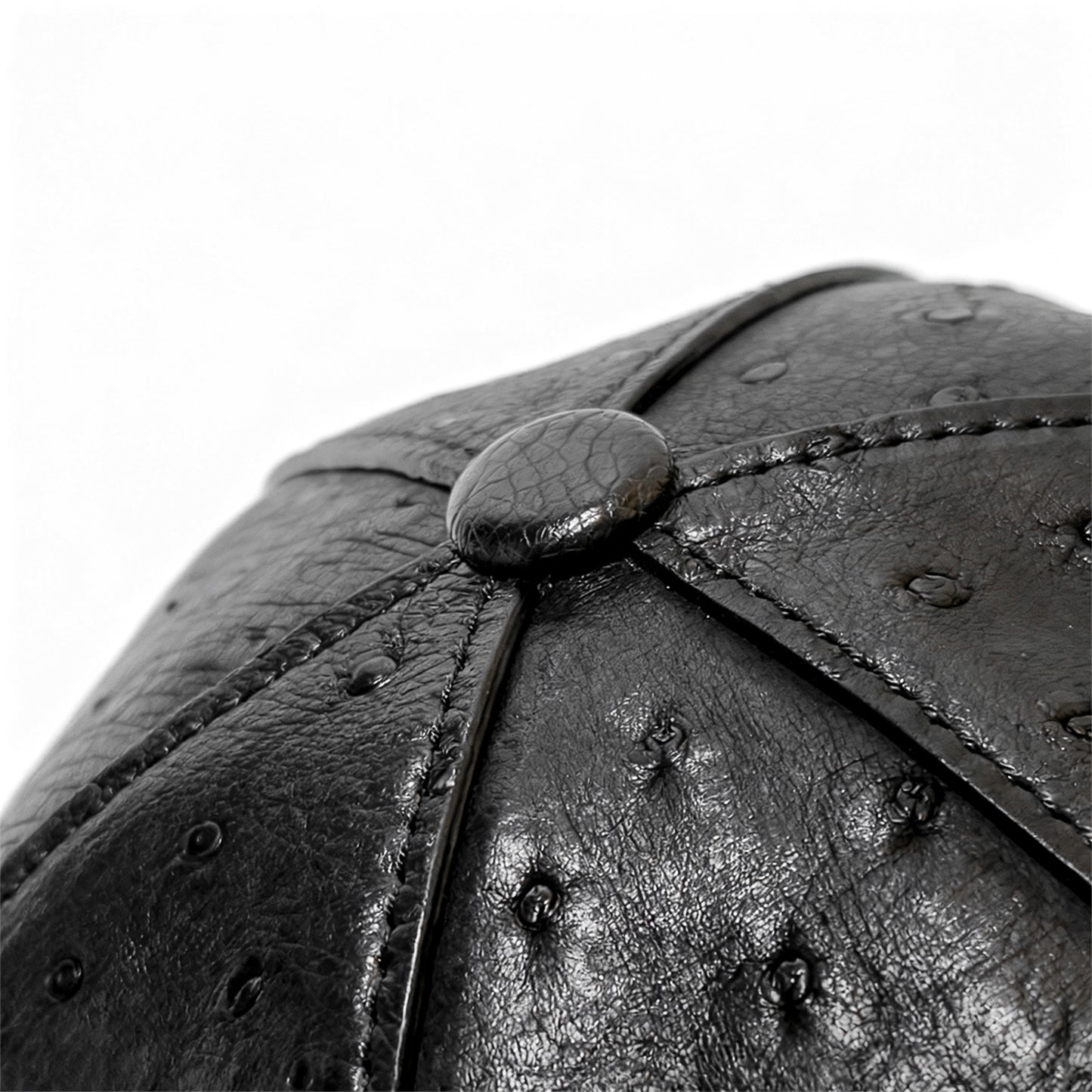 Handmade Genuine Ostrich Leather Cap, Glossy Black Adjustable Design