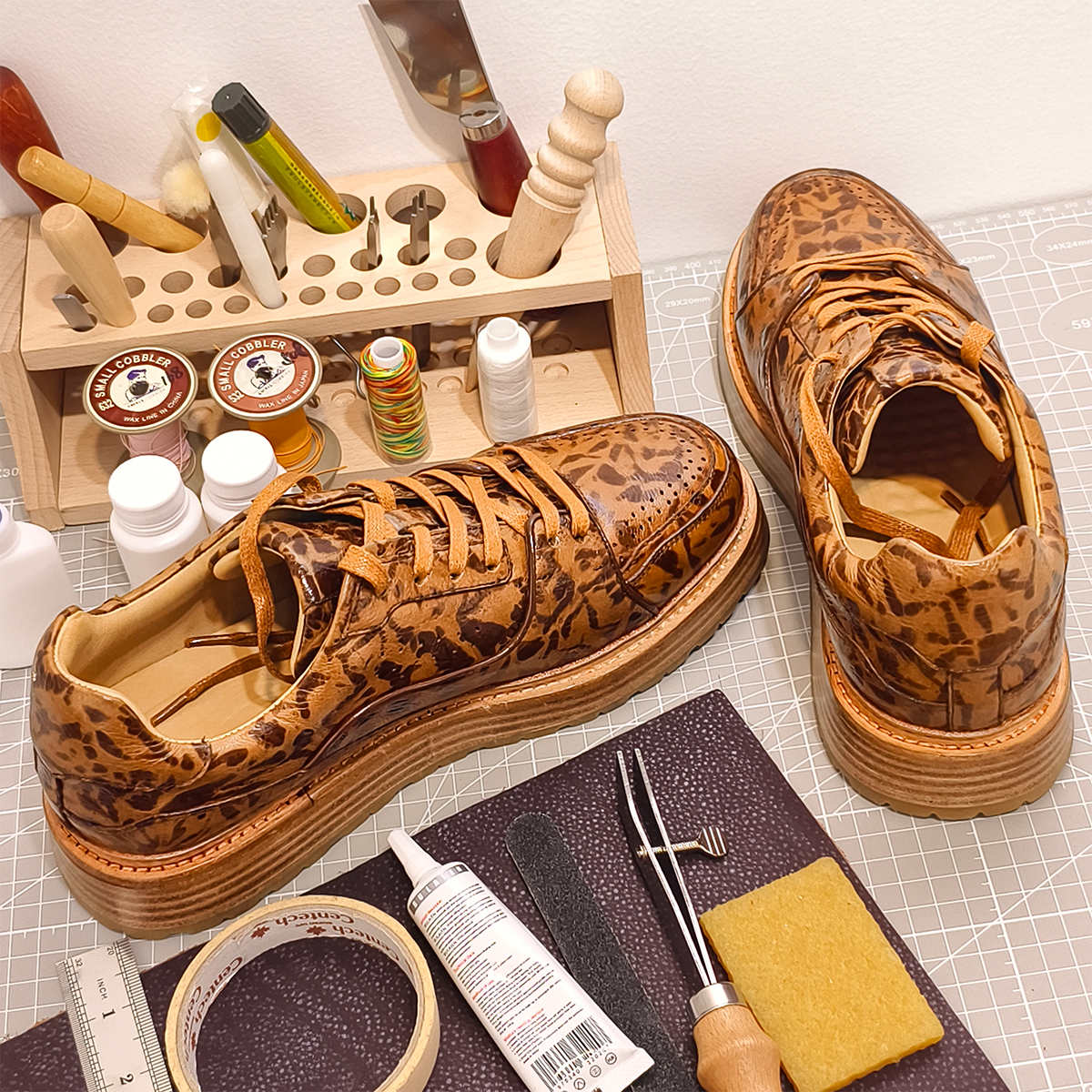 Handmade Genuine Bison Leather Sneakers, Brown Leopard Pattern with Chunky Sole
