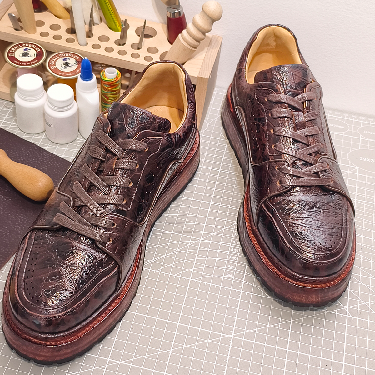 Handmade Genuine Bison Leather Sneakers, Dark Brown Textured with Chunky Sole