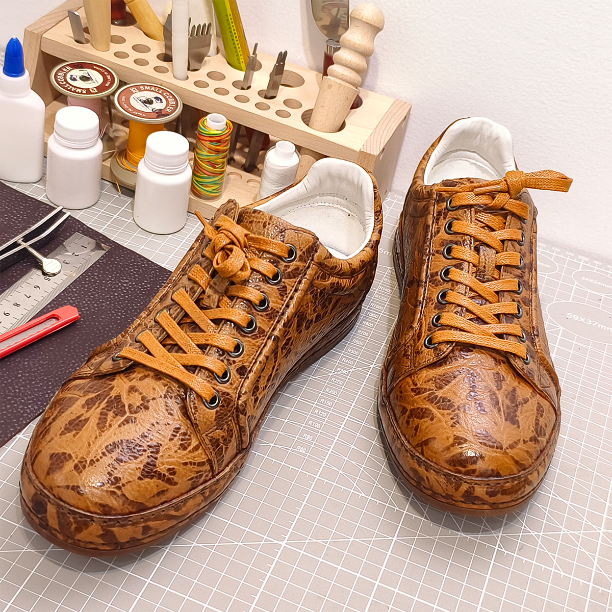 Handmade Genuine Bison Leather Sneakers, Tan Textured with Coordinated Sole