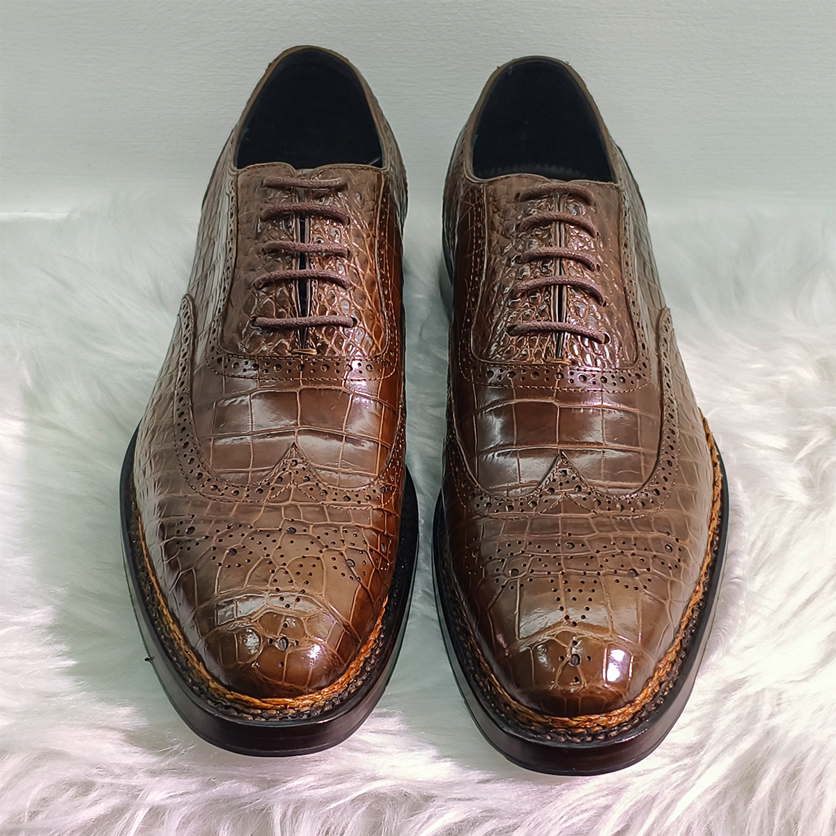 Handmade Alligator Leather Brogue Oxford Shoes, Black Dress Shoes with Norwegian Sewing Craft Sole