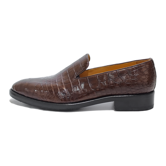 Handmade Genuine Alligator Leather Loafers, Rich Brown with Artisanal Stitching
