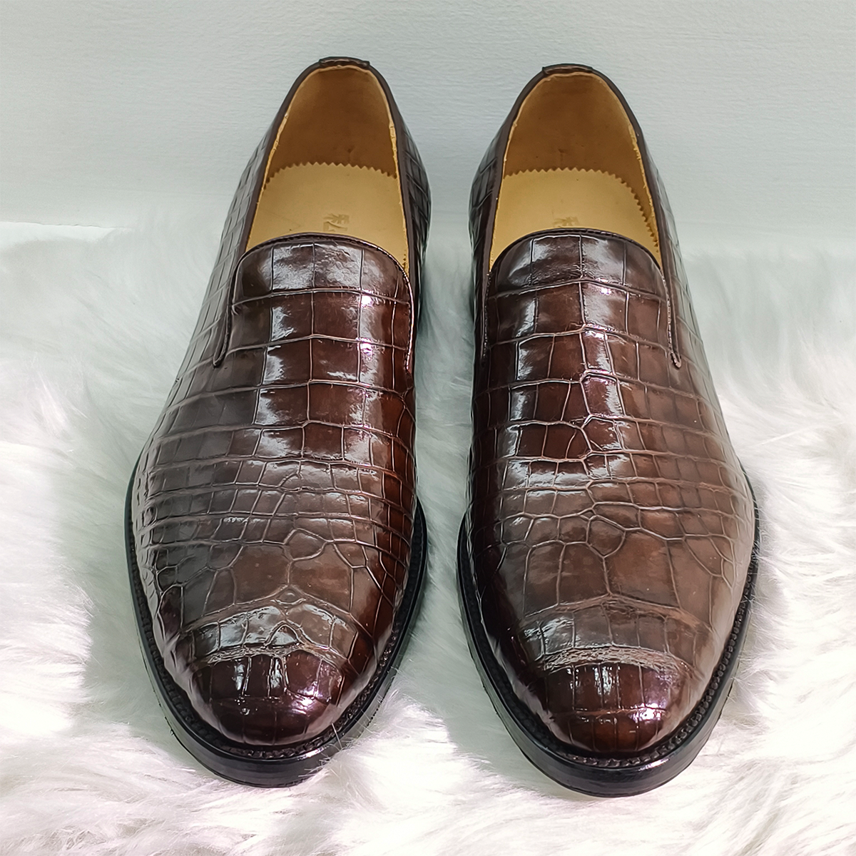 Handmade Genuine Alligator Leather Loafers, Rich Brown with Artisanal Stitching