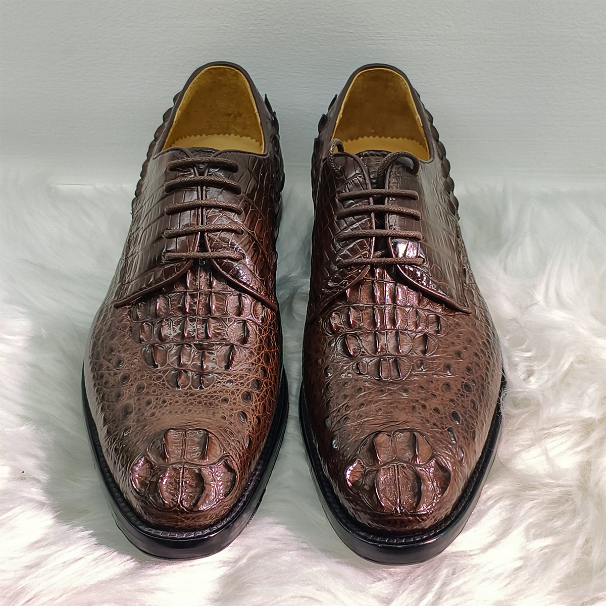 Handmade Genuine Alligator Bone Leather Derby Shoes, Rich Brown Business Dress Shoes