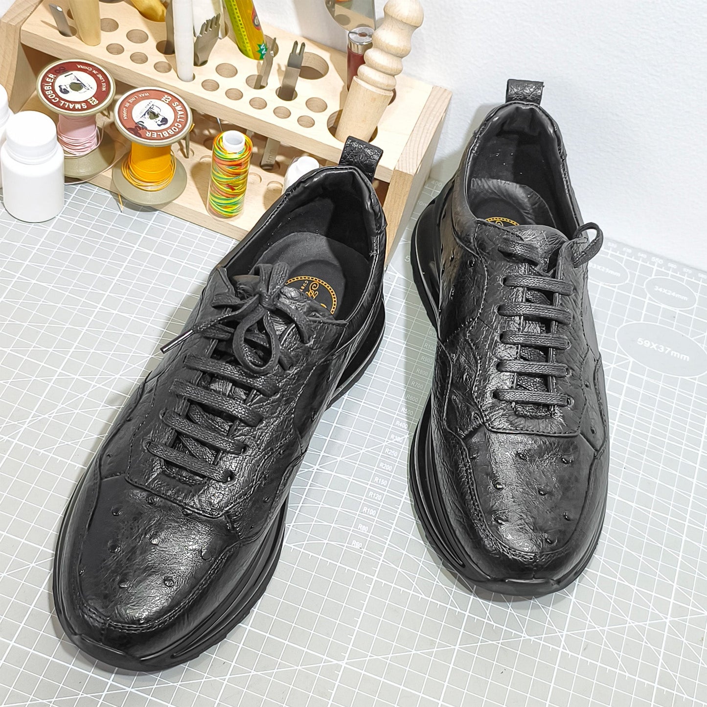 Handmade Genuine Ostrich Leather Sneakers, Glossy Black – Ultra-Light Air Cushion Sole & Luxe Casual Comfort