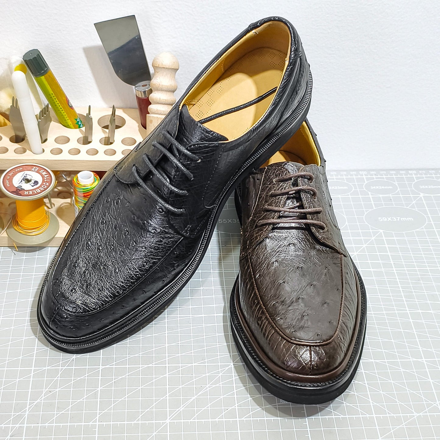 Handmade Genuine Ostrich Leather Oxford Shoes, Rich Brown – Branded Sole & Dual Color Options