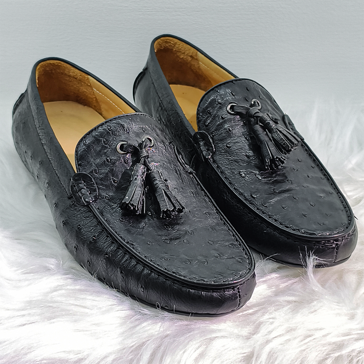 Handmade Genuine Ostrich Leather Tassel Loafer Shoes, Glossy Black
