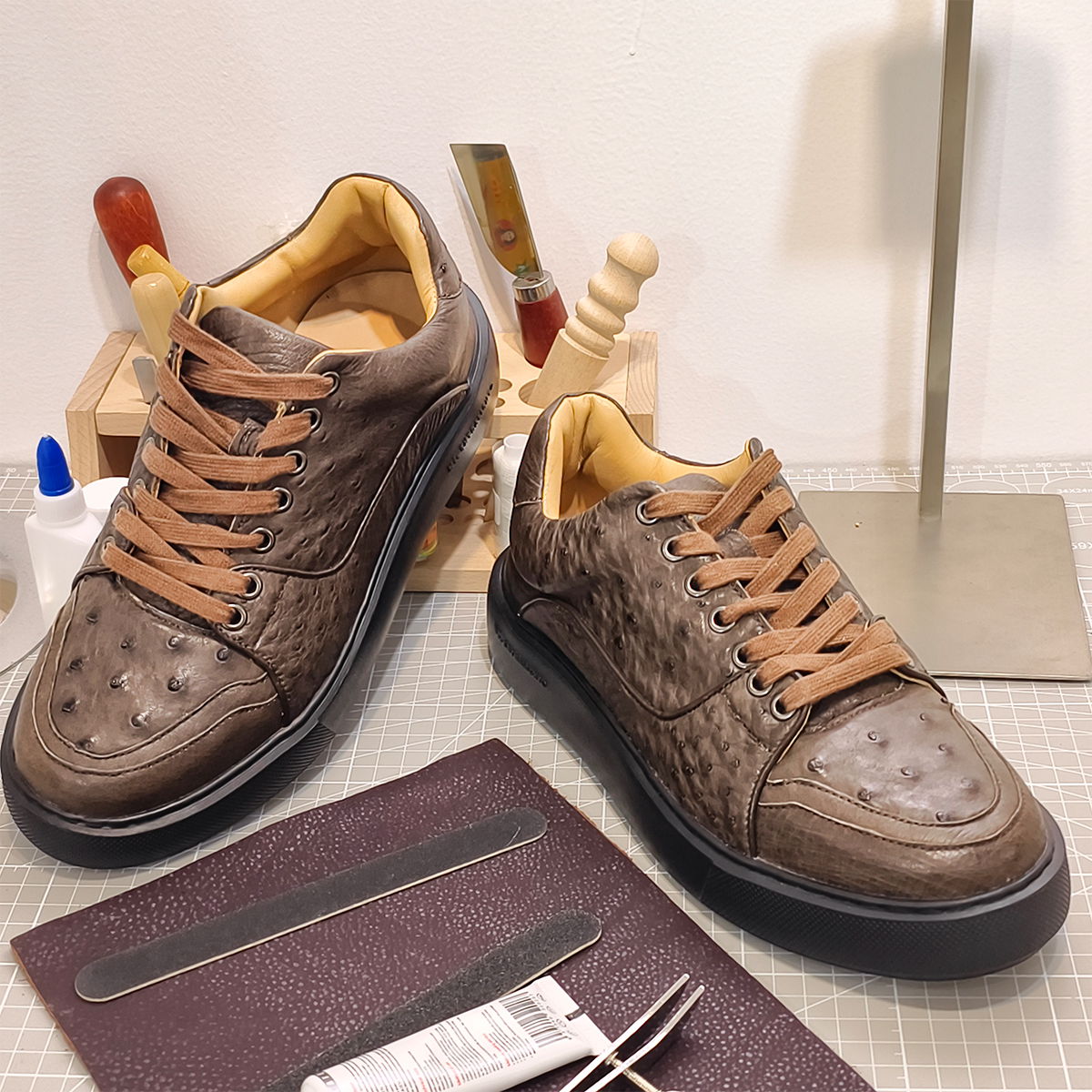Handmade Genuine Ostrich Leather Sneakers, Rich Brown Design with Italian-Brand Sole