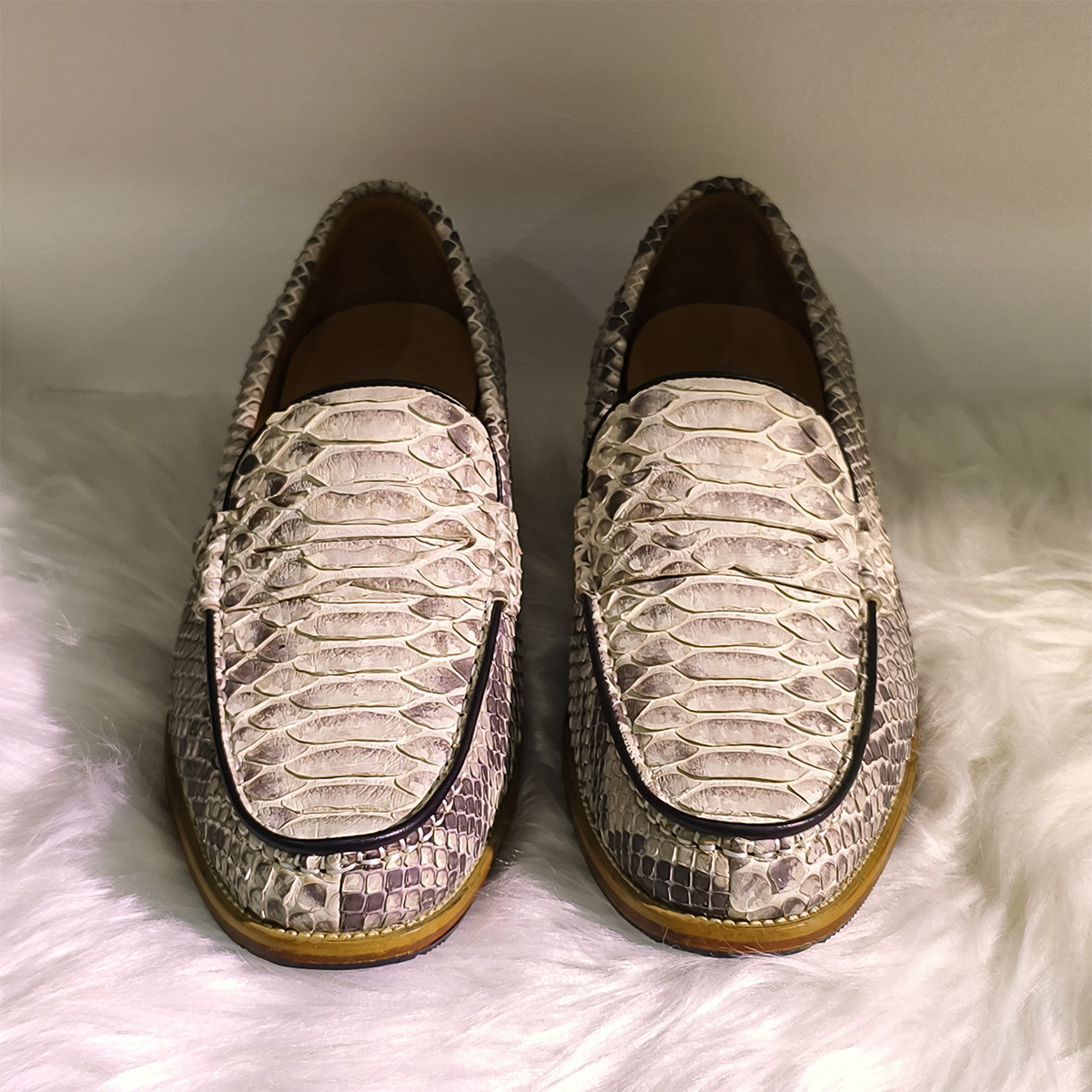 Handmade Genuine Python Leather Loafers, Natural Gray-White Scale Pattern with Real Leather Sole