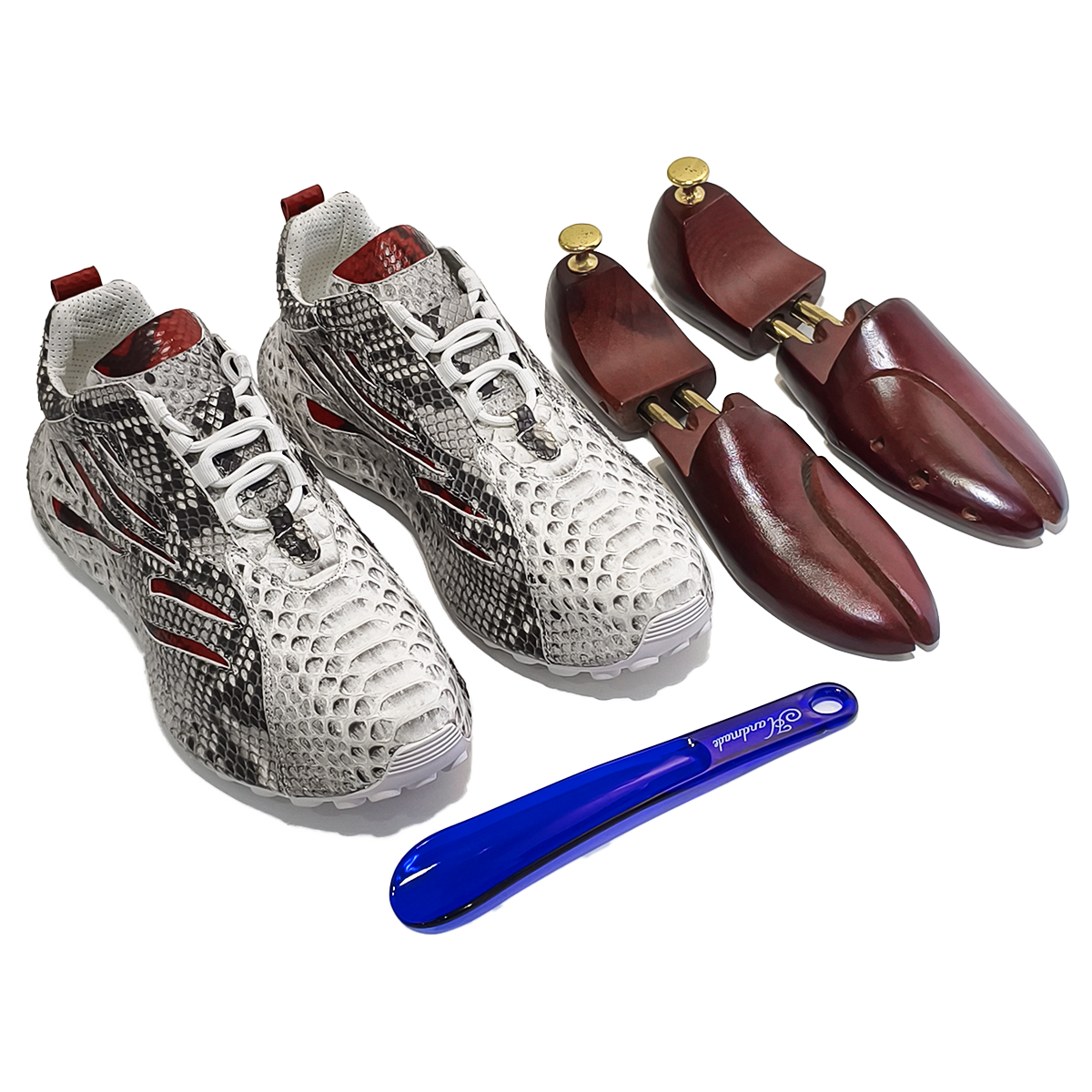 Handmade Genuine Python Leather Sneakers, White-Gray with Red Accents & Ultra-Light Sole