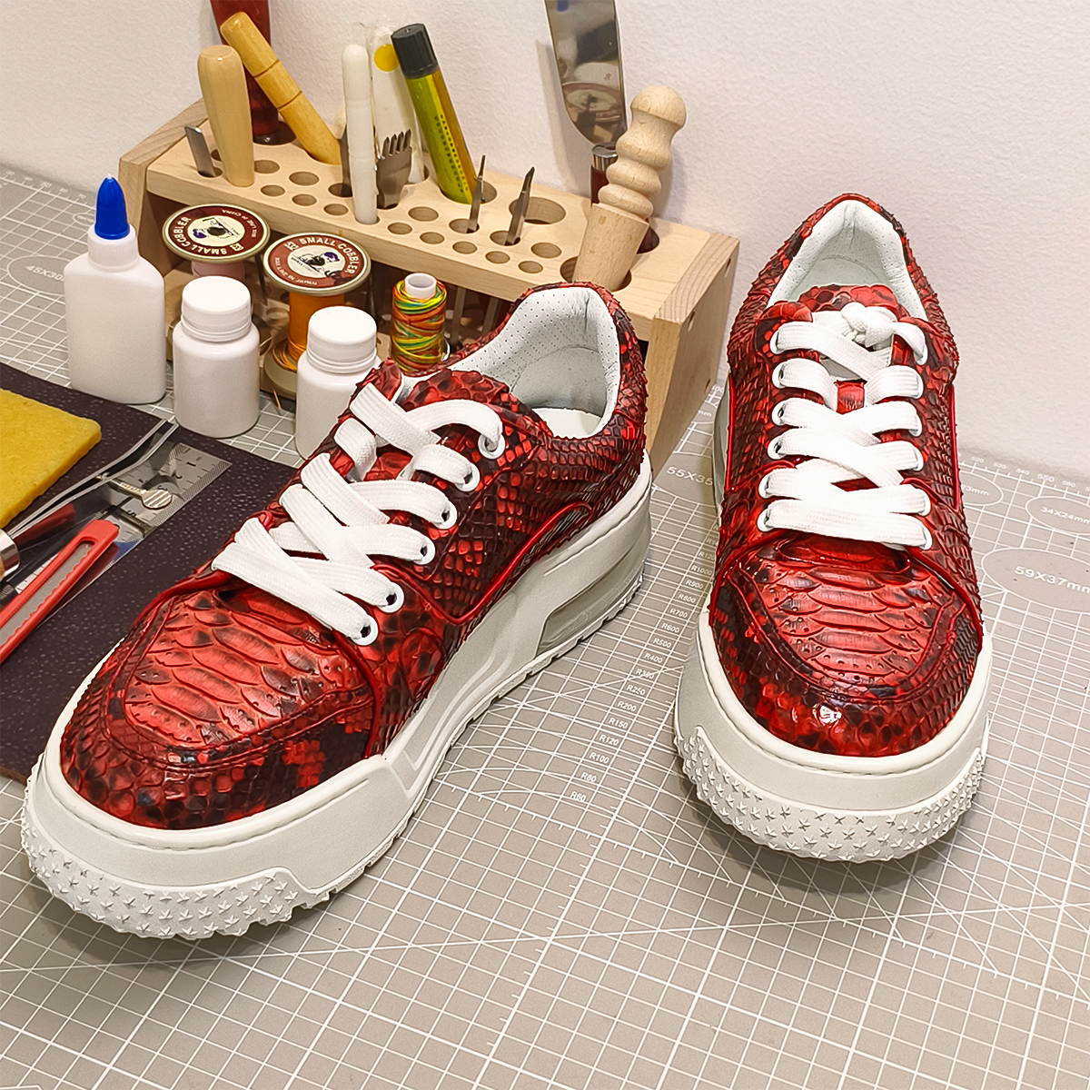 Handmade Genuine Python Leather Sneakers, Bold Red Painted Shoes Design with Air Cushion Sole