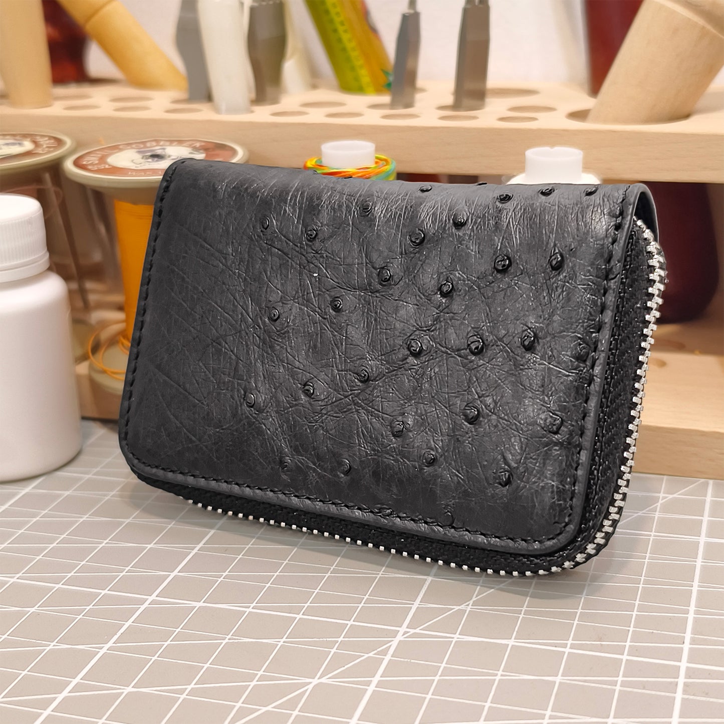 Handmade Genuine Ostrich Leather Card Wallet Case, Charcoal Black with Accordion Compartments