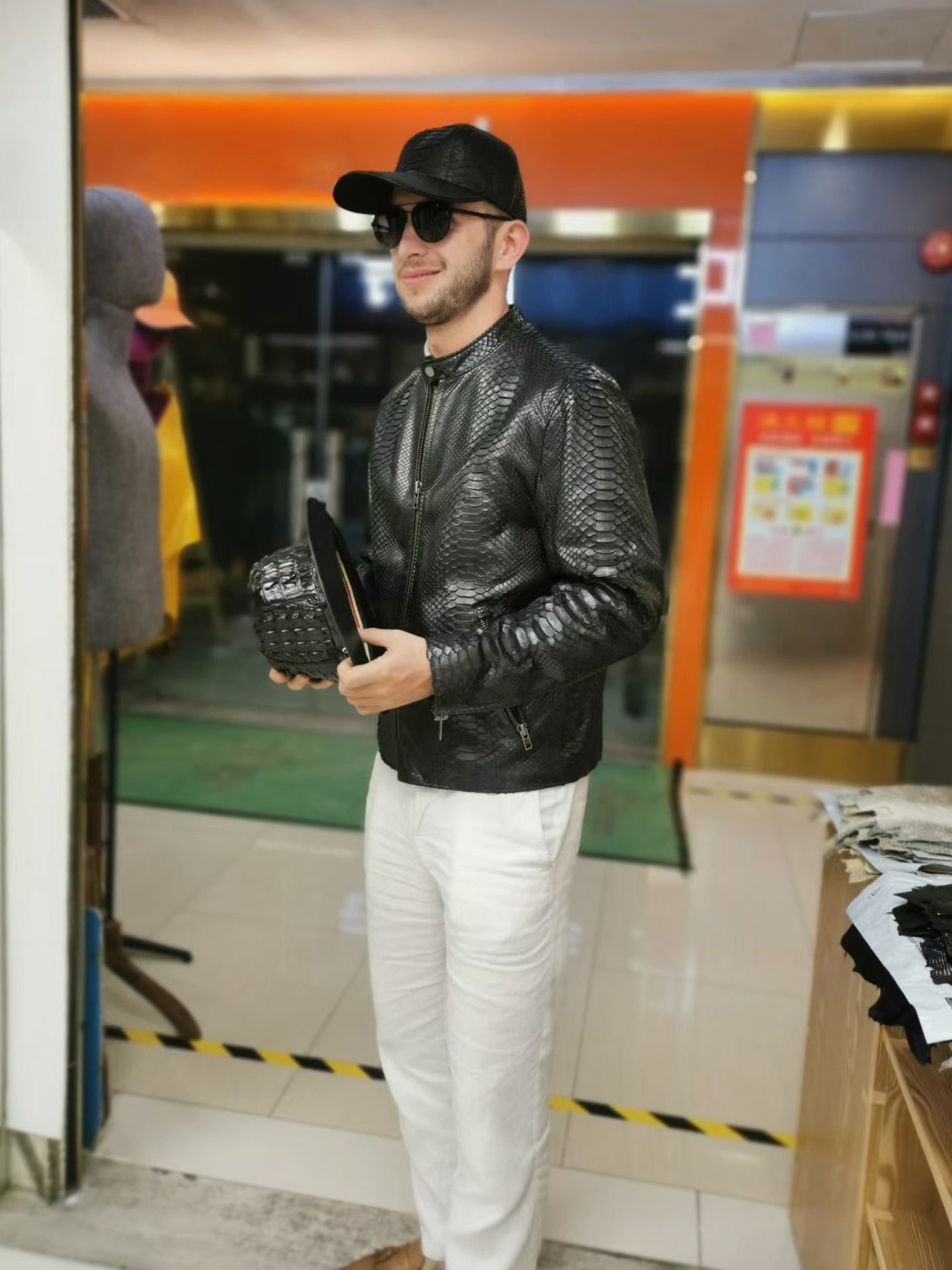 Handmade Genuine Python Leather Jacket, Exotic Texture Zip-Up Style