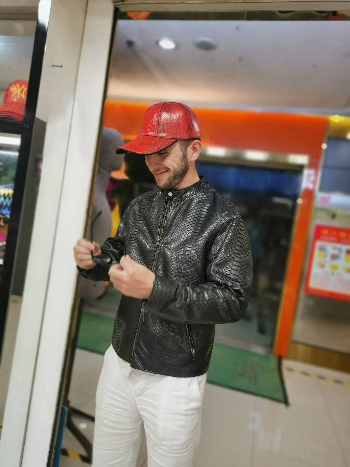 Handmade Genuine Python Leather Jacket, Exotic Texture Zip-Up Style