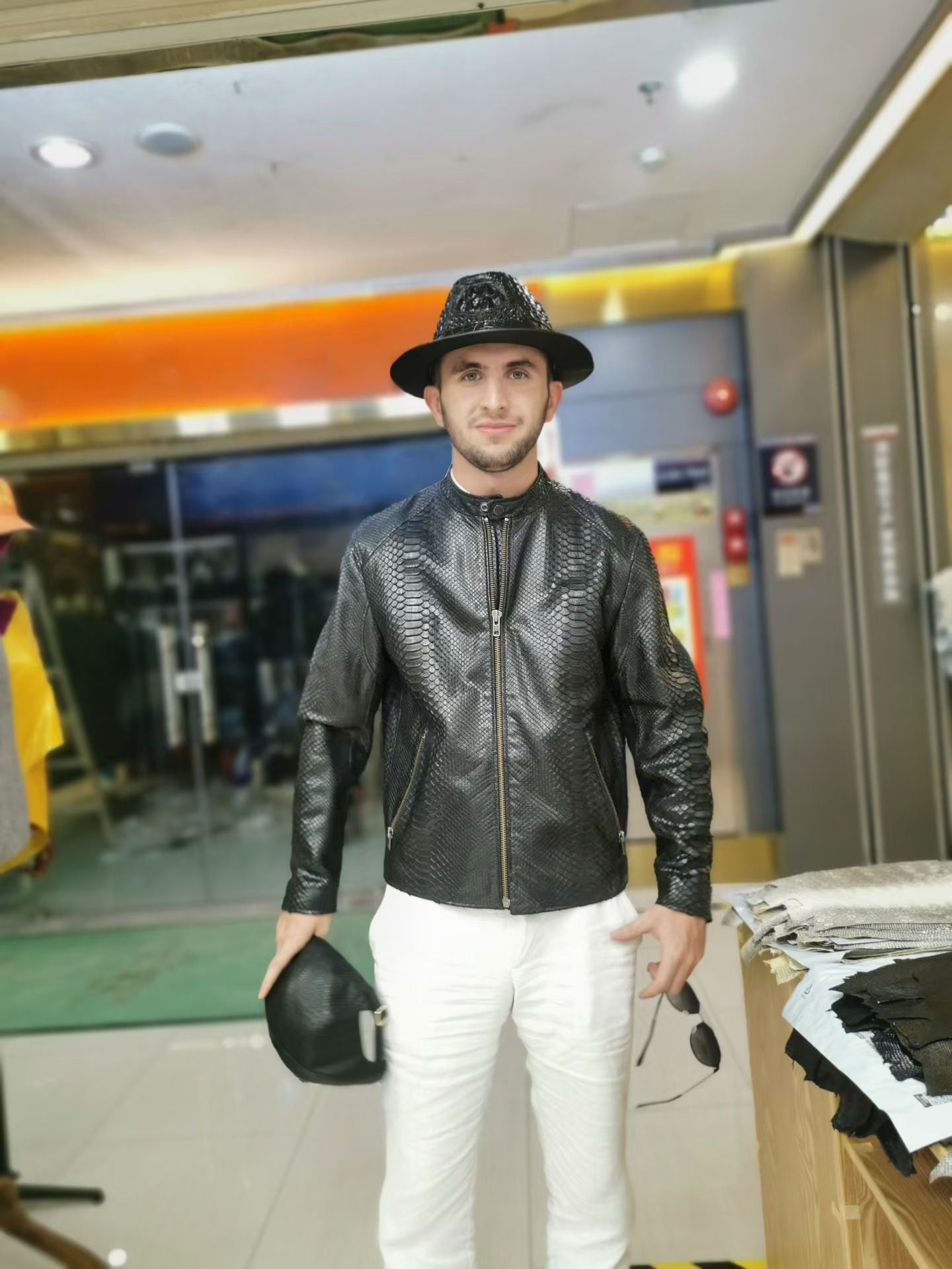 Handmade Genuine Python Leather Jacket, Exotic Texture Zip-Up Style