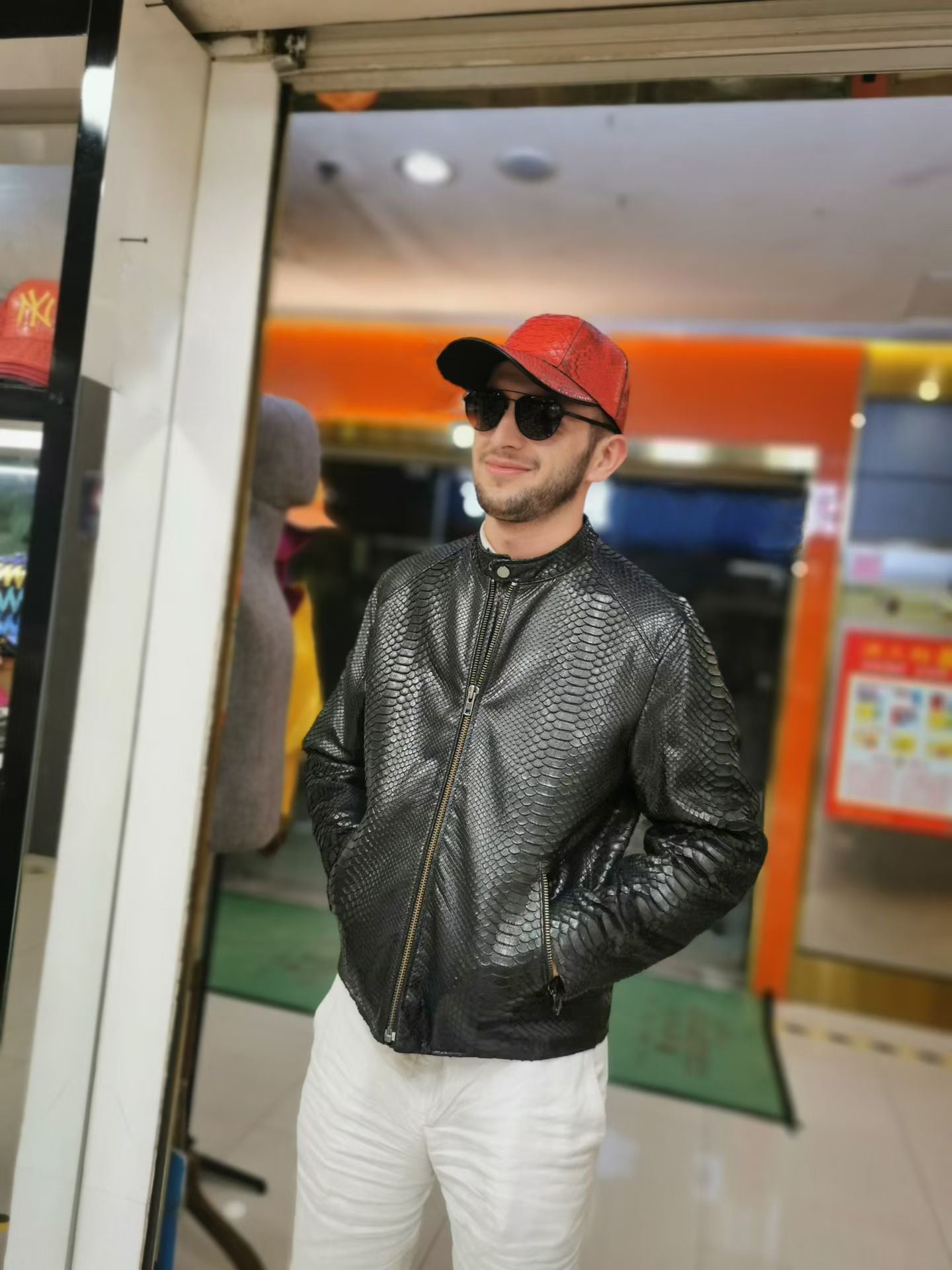 Handmade Genuine Python Leather Jacket, Exotic Texture Zip-Up Style