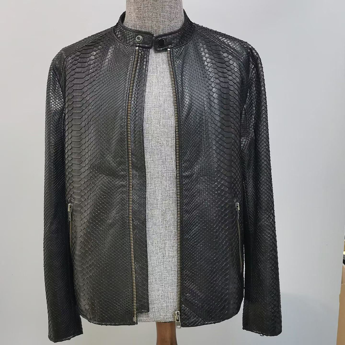 Handmade Genuine Python Leather Jacket, Exotic Texture Zip-Up Style