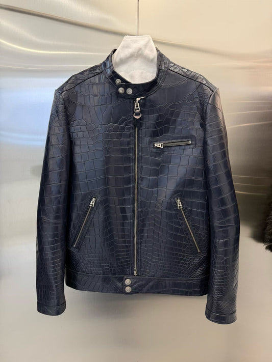 Handmade Genuine Alligator Leather Jacket, Navy Exotic Texture