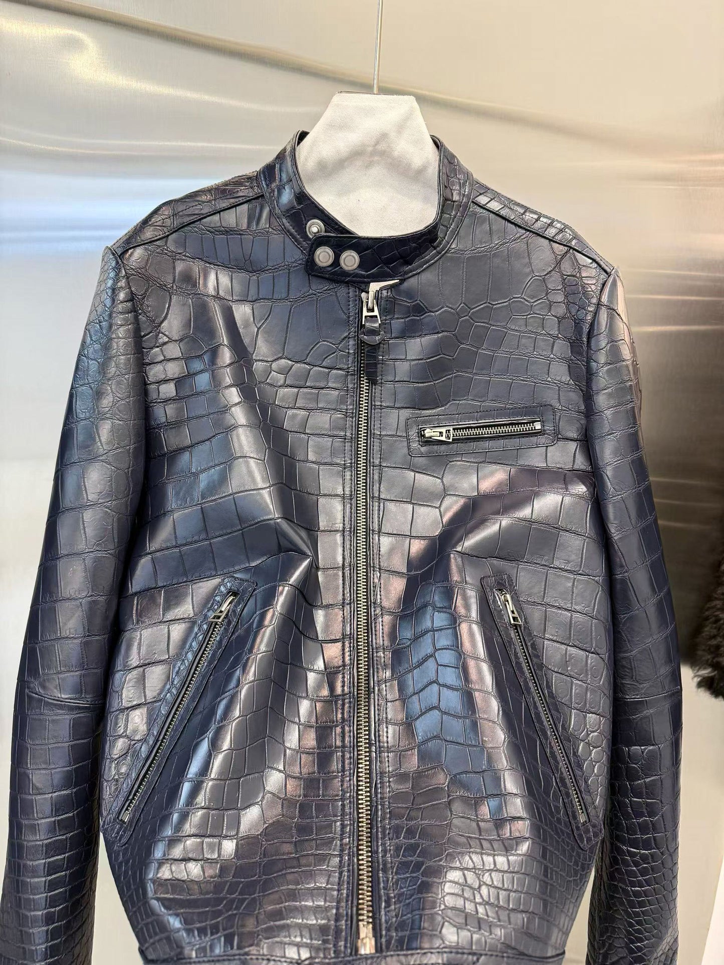Handmade Genuine Alligator Leather Jacket, Navy Exotic Texture