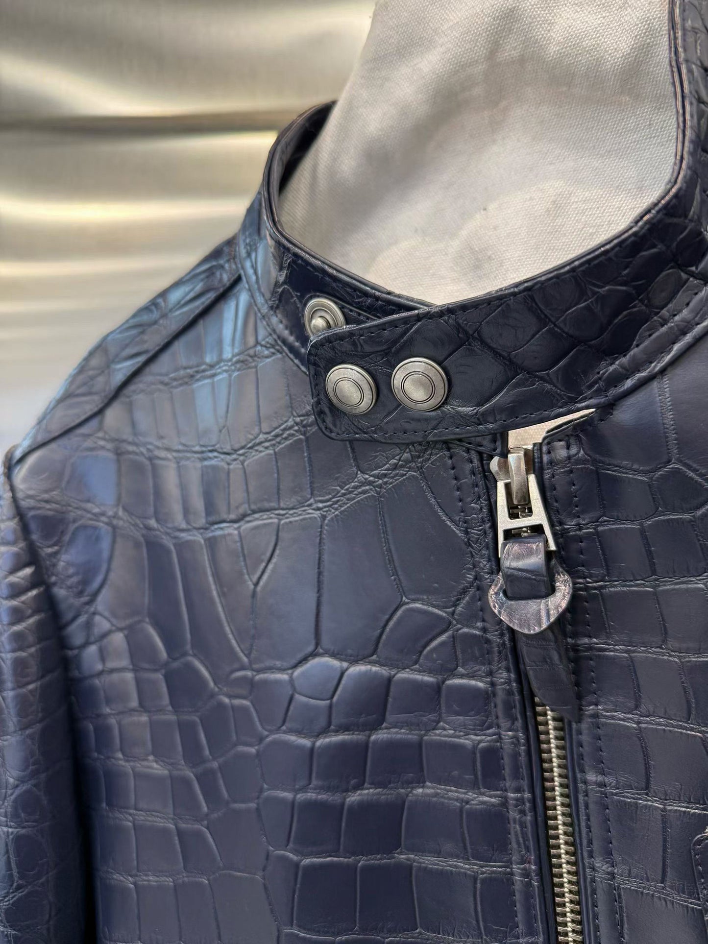 Handmade Genuine Alligator Leather Jacket, Navy Exotic Texture