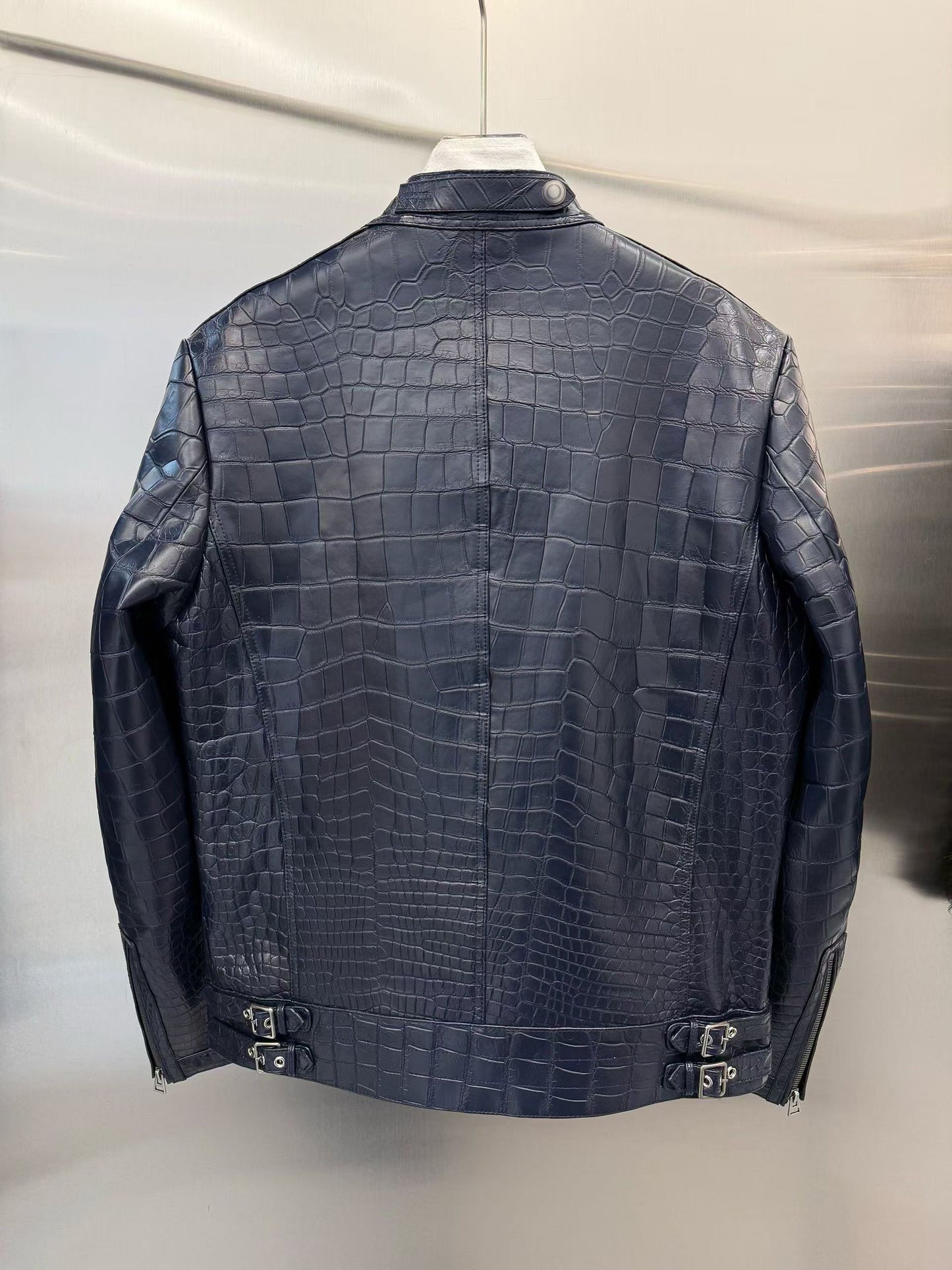 Handmade Genuine Alligator Leather Jacket, Navy Exotic Texture