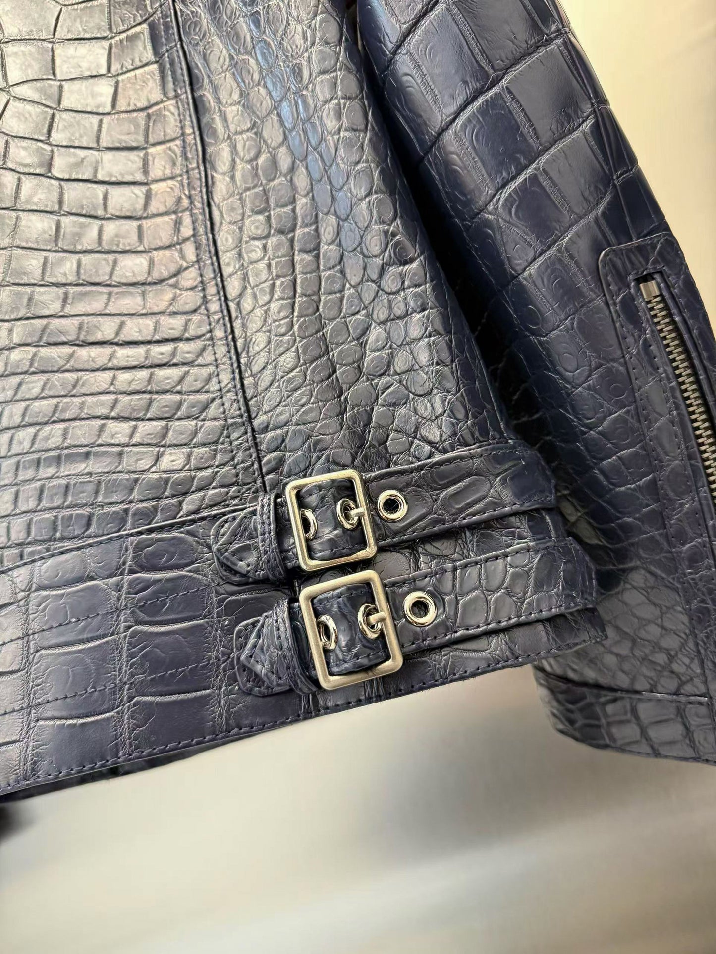 Handmade Genuine Alligator Leather Jacket, Navy Exotic Texture
