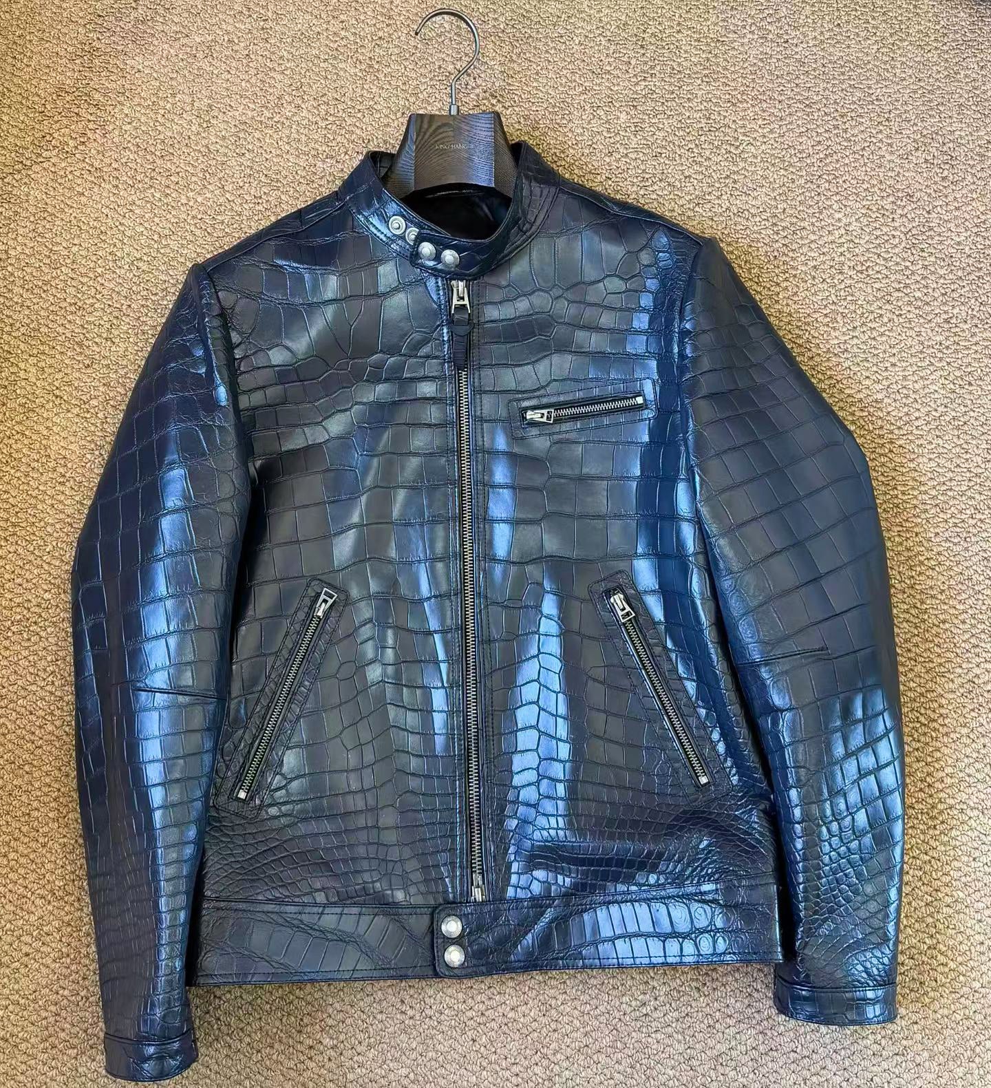 Handmade Genuine Alligator Leather Jacket, Navy Exotic Texture