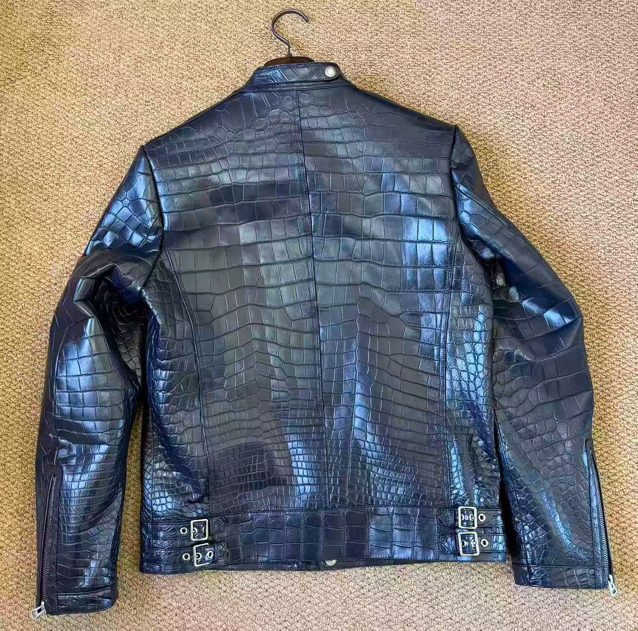 Handmade Genuine Alligator Leather Jacket, Navy Exotic Texture