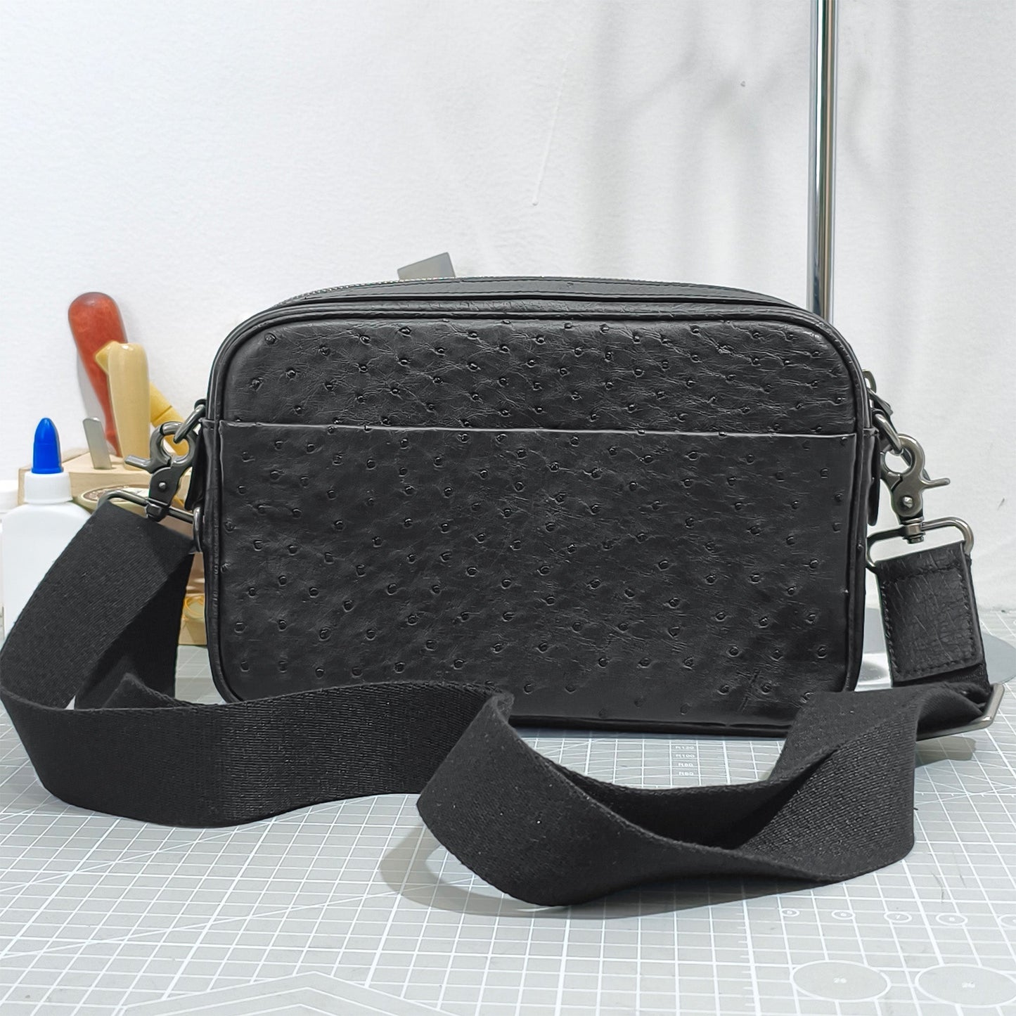 Handmade Genuine Ostrich Leather Crossbody Bag, Matte Black with Detachable Wrist Strap