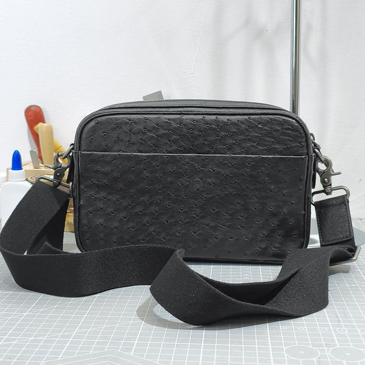 Handmade Genuine Ostrich Leather Crossbody Bag, Matte Black with Detachable Wrist Strap