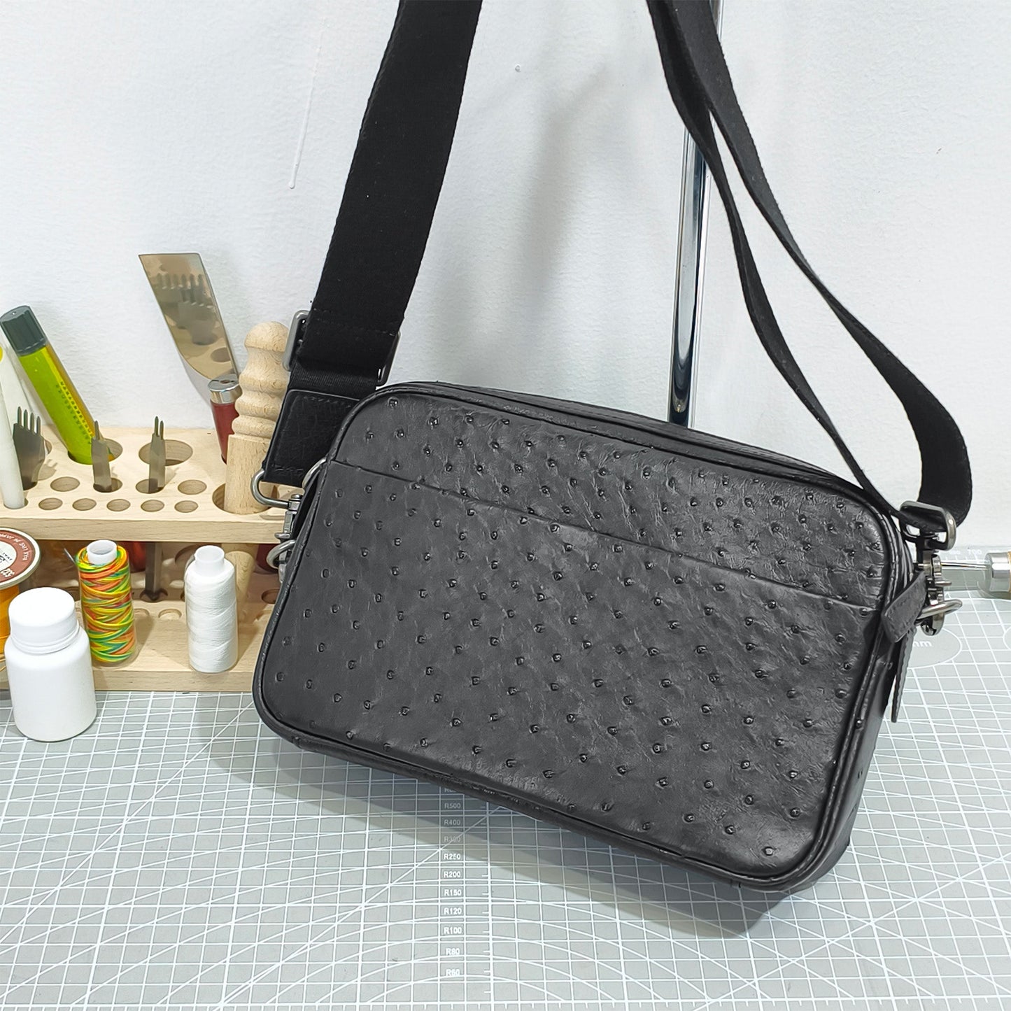 Handmade Genuine Ostrich Leather Crossbody Bag, Matte Black with Detachable Wrist Strap
