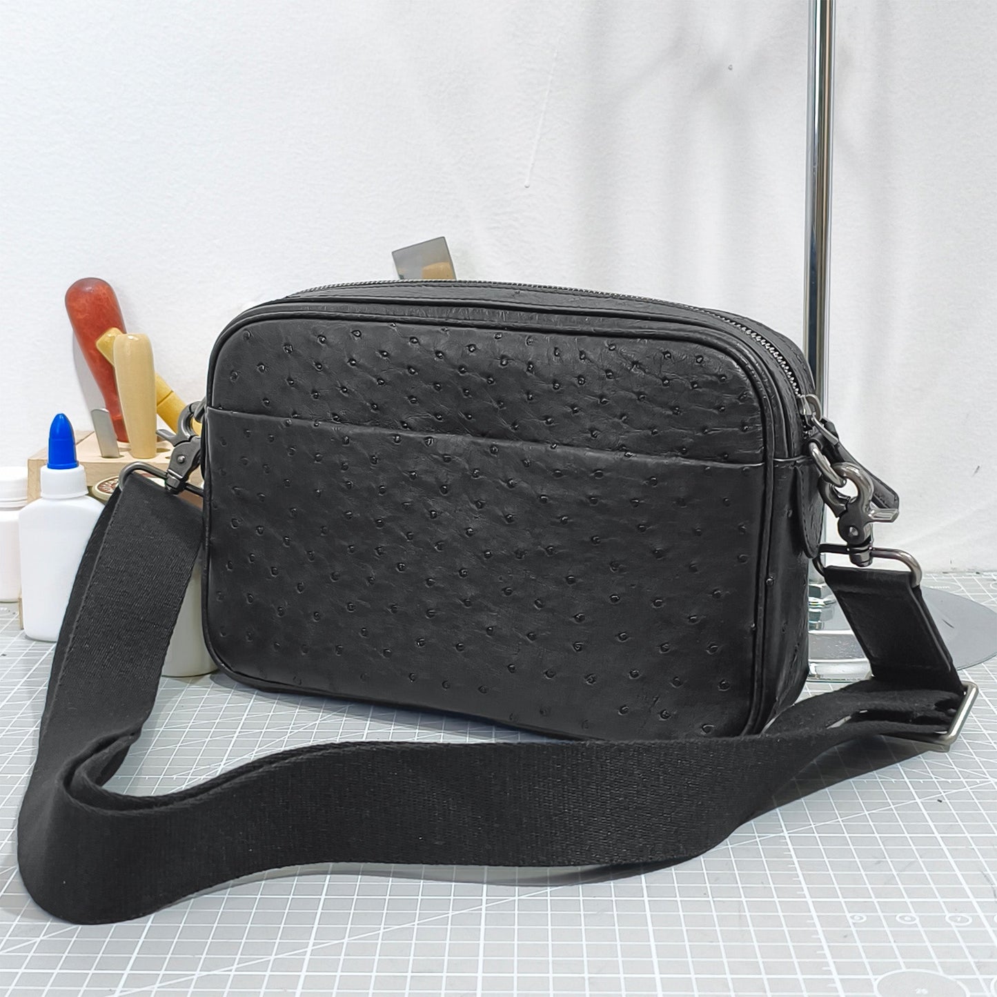 Handmade Genuine Ostrich Leather Crossbody Bag, Matte Black with Detachable Wrist Strap