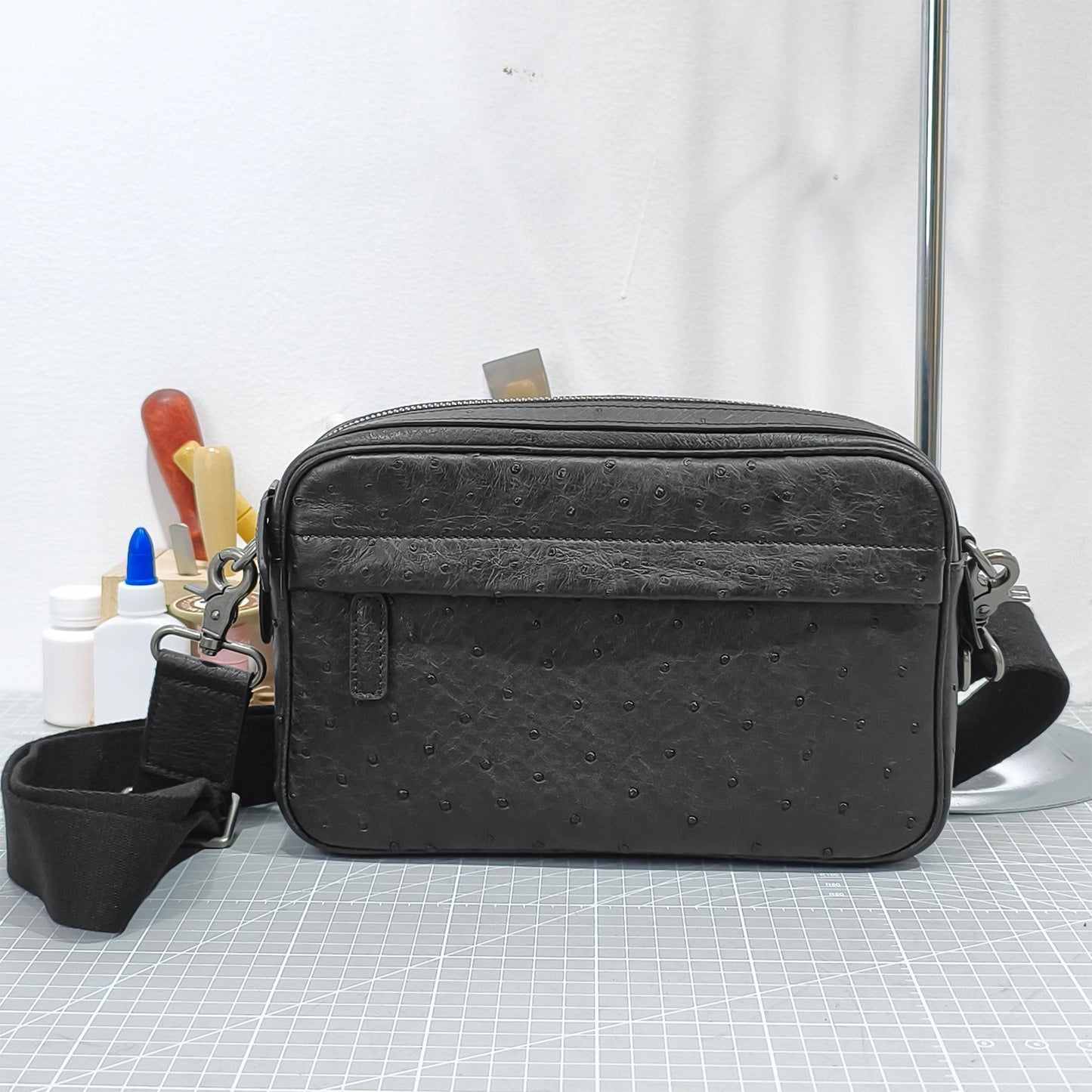 Handmade Genuine Ostrich Leather Crossbody Bag, Matte Black with Detachable Wrist Strap
