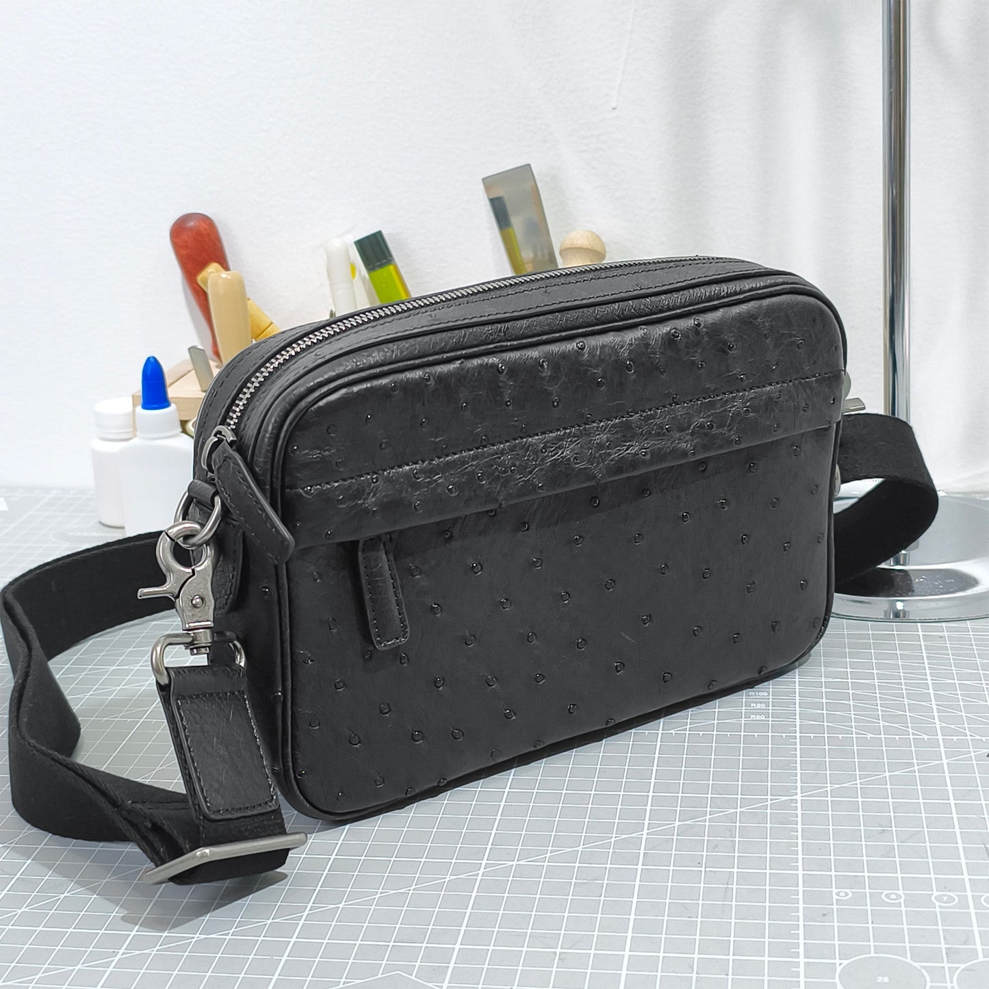 Handmade Genuine Ostrich Leather Crossbody Bag, Matte Black with Detachable Wrist Strap