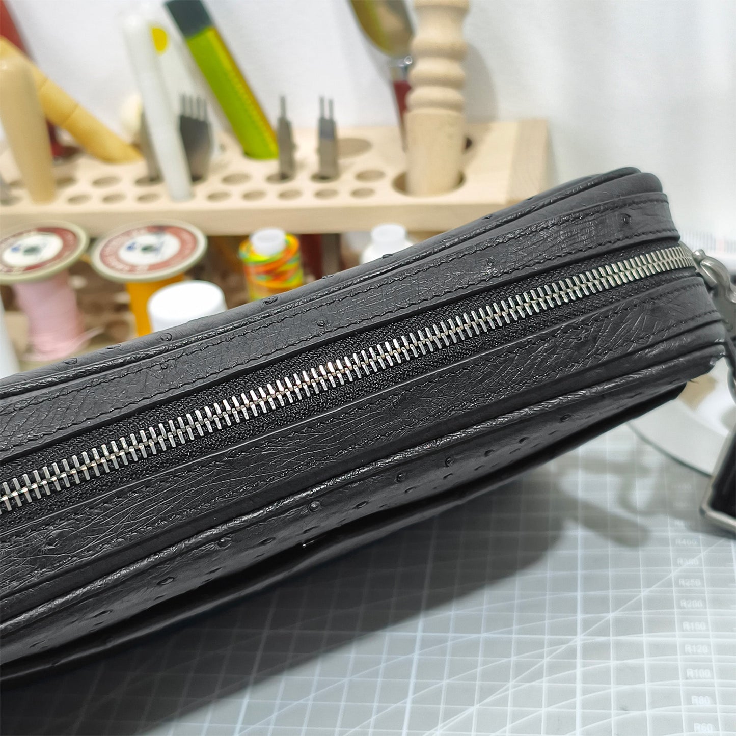 Handmade Genuine Ostrich Leather Crossbody Bag, Matte Black with Detachable Wrist Strap