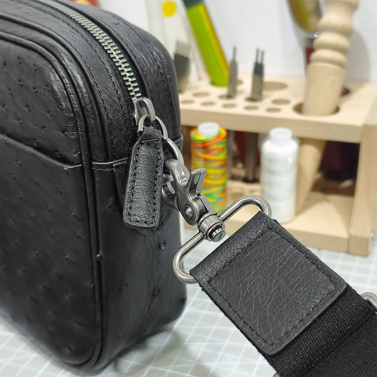Handmade Genuine Ostrich Leather Crossbody Bag, Matte Black with Detachable Wrist Strap