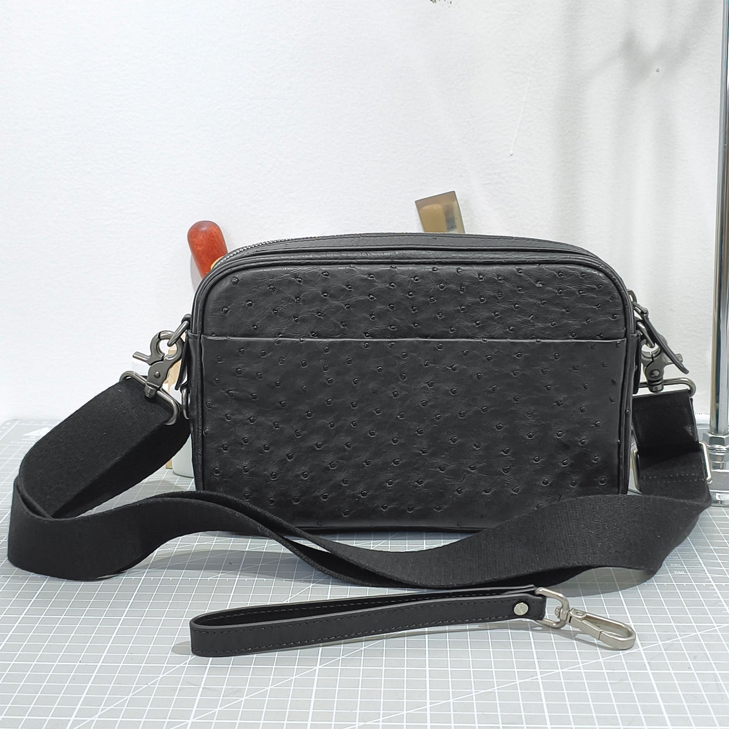 Handmade Genuine Ostrich Leather Crossbody Bag, Matte Black with Detachable Wrist Strap
