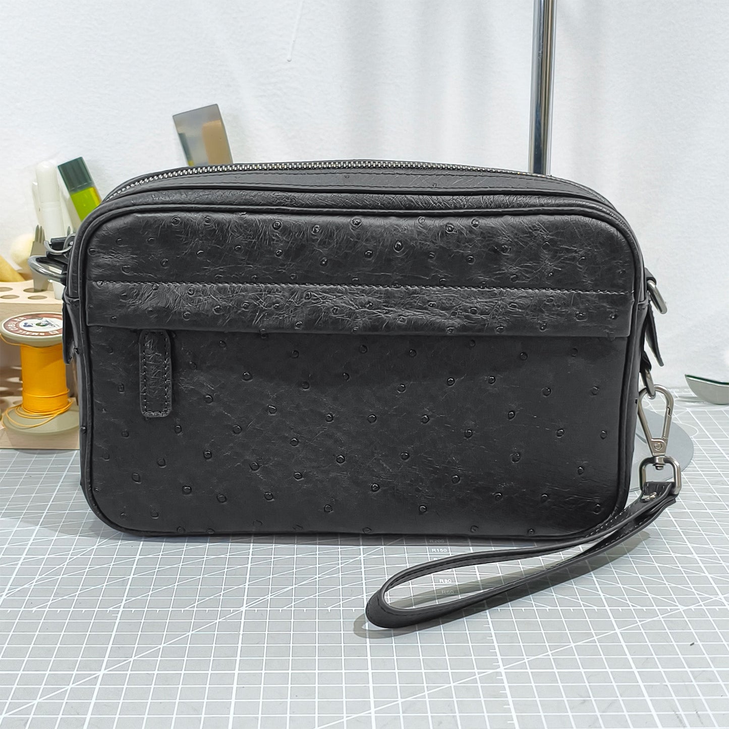 Handmade Genuine Ostrich Leather Crossbody Bag, Matte Black with Detachable Wrist Strap